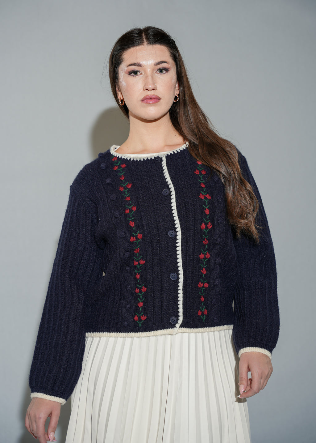 Beige Rose Embroidery Cropped Cardigan Sweater