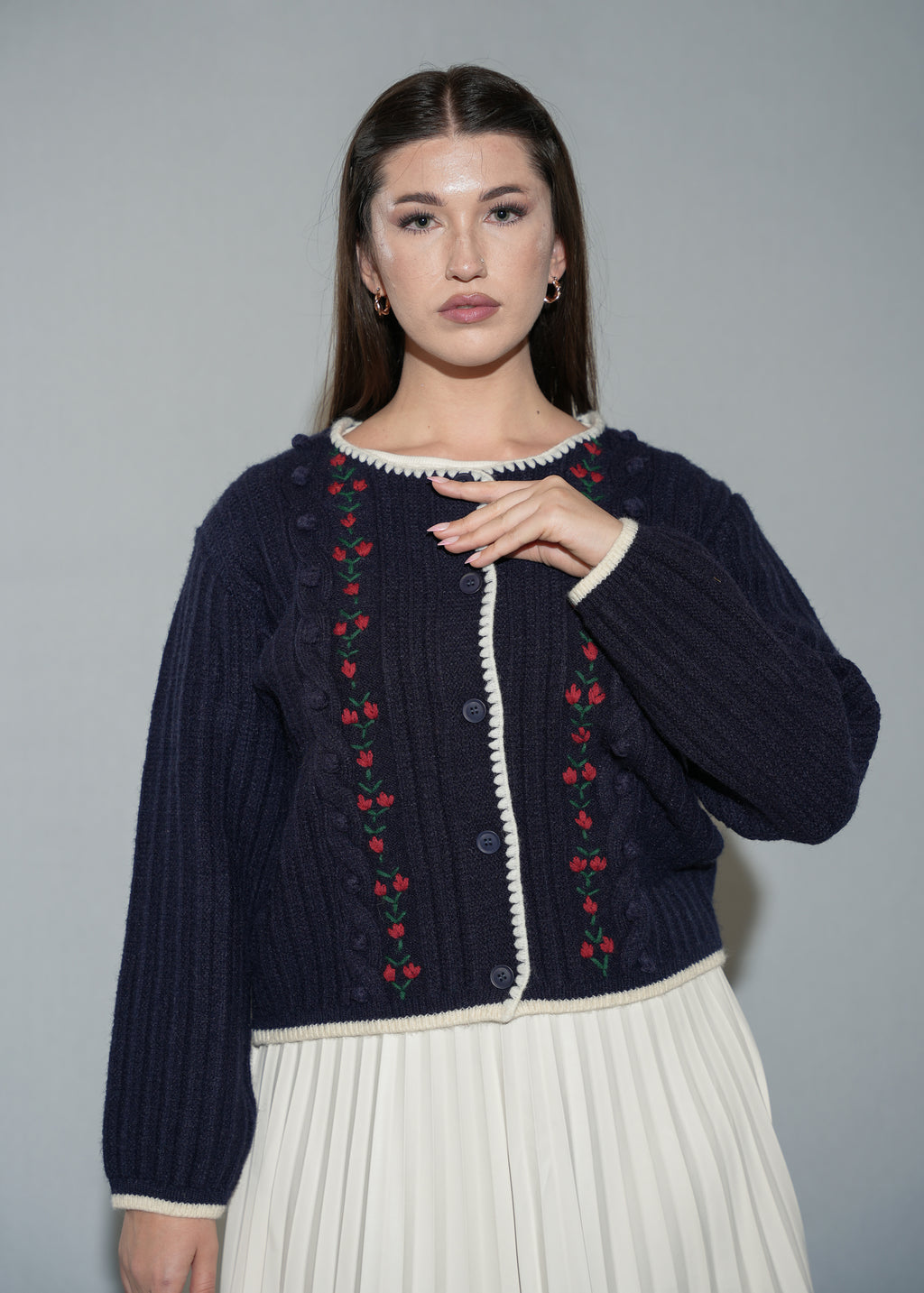 Beige Rose Embroidery Cropped Cardigan Sweater