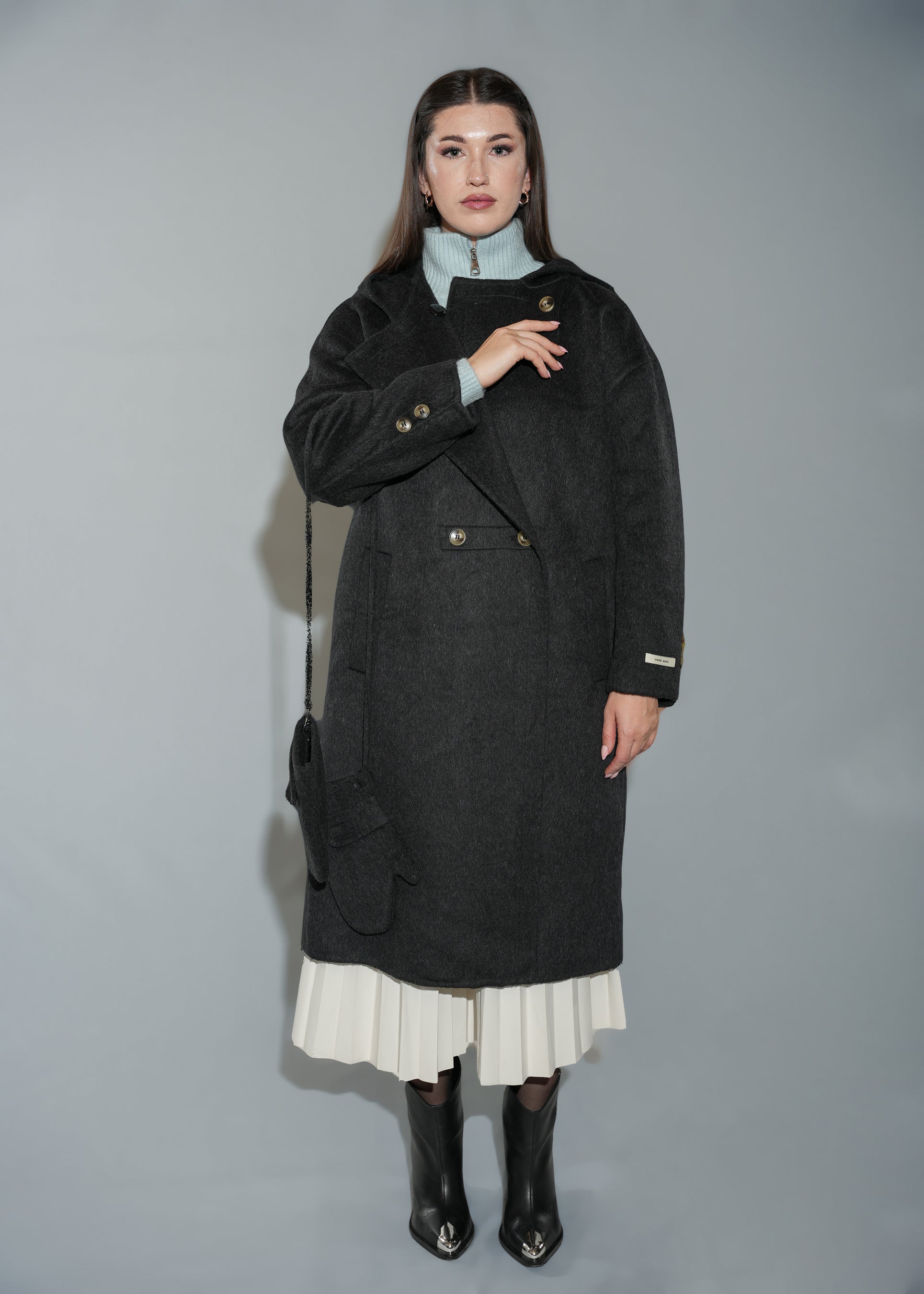 Women's Hooded Wool Blend Overcoat - Long Black Winter Coat With Gloves