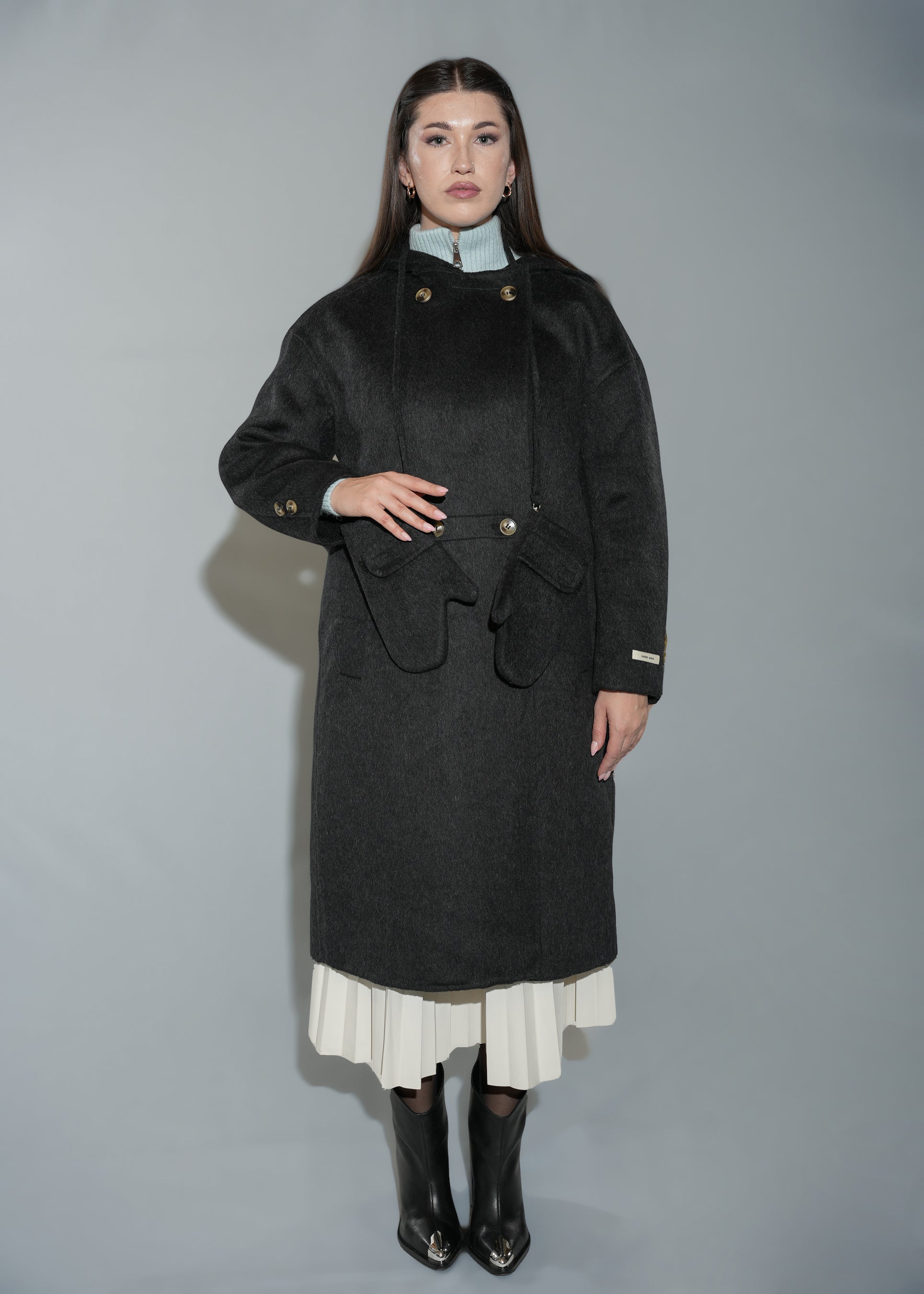 Women's Hooded Wool Blend Overcoat - Long Black Winter Coat With Gloves