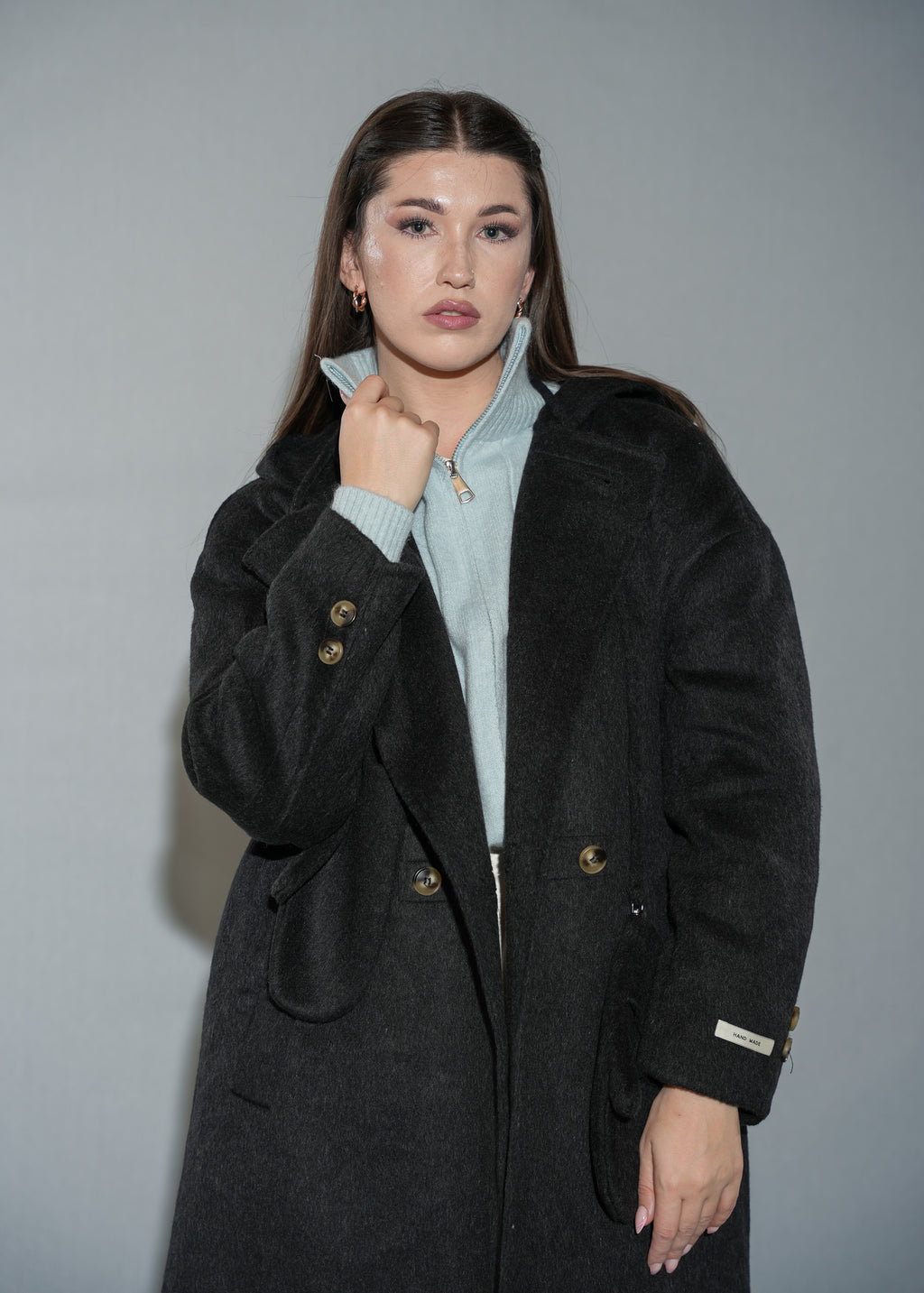 Women's Cable Knit Full-Zip Cardigan Sweater - Light Blue Stand Collar Cardigan