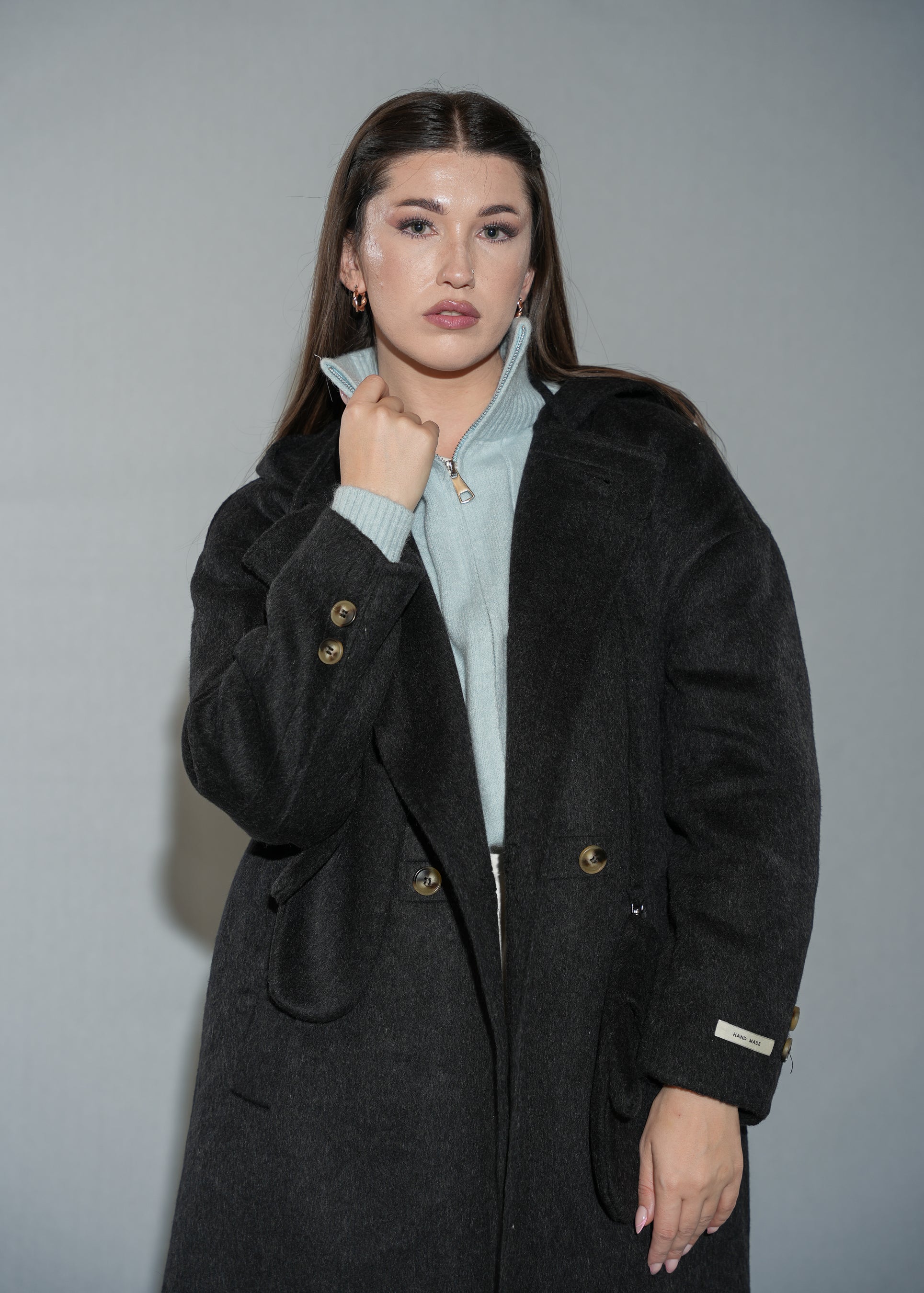 Women's Cable Knit Full-Zip Cardigan Sweater - Light Blue Stand Collar Cardigan