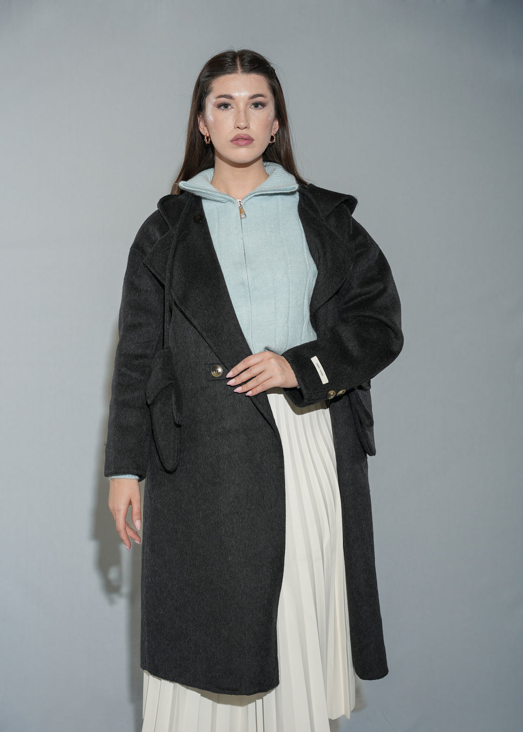 Women's Hooded Wool Blend Overcoat - Long Black Winter Coat With Gloves