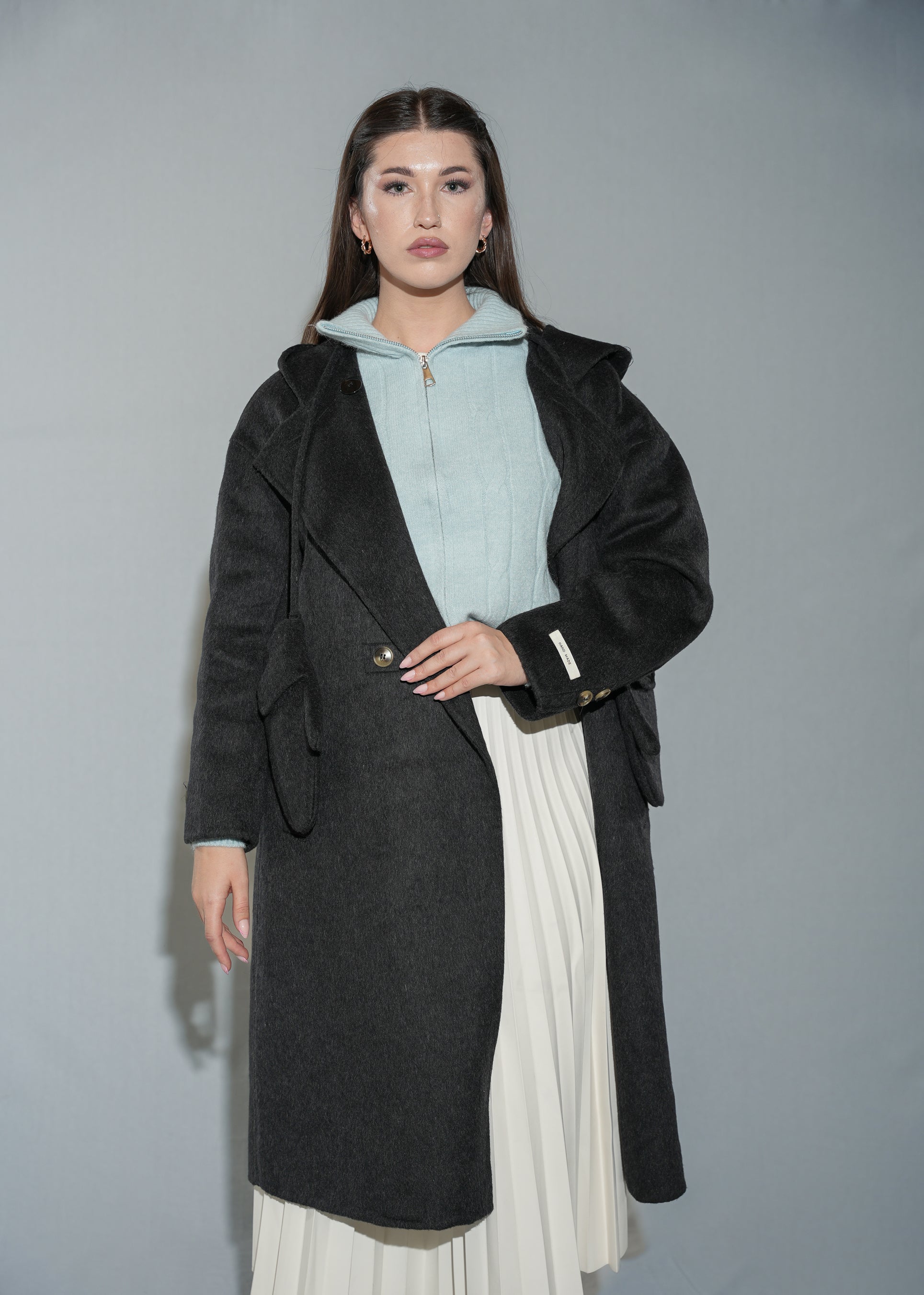Women's Hooded Wool Blend Overcoat - Long Black Winter Coat With Gloves