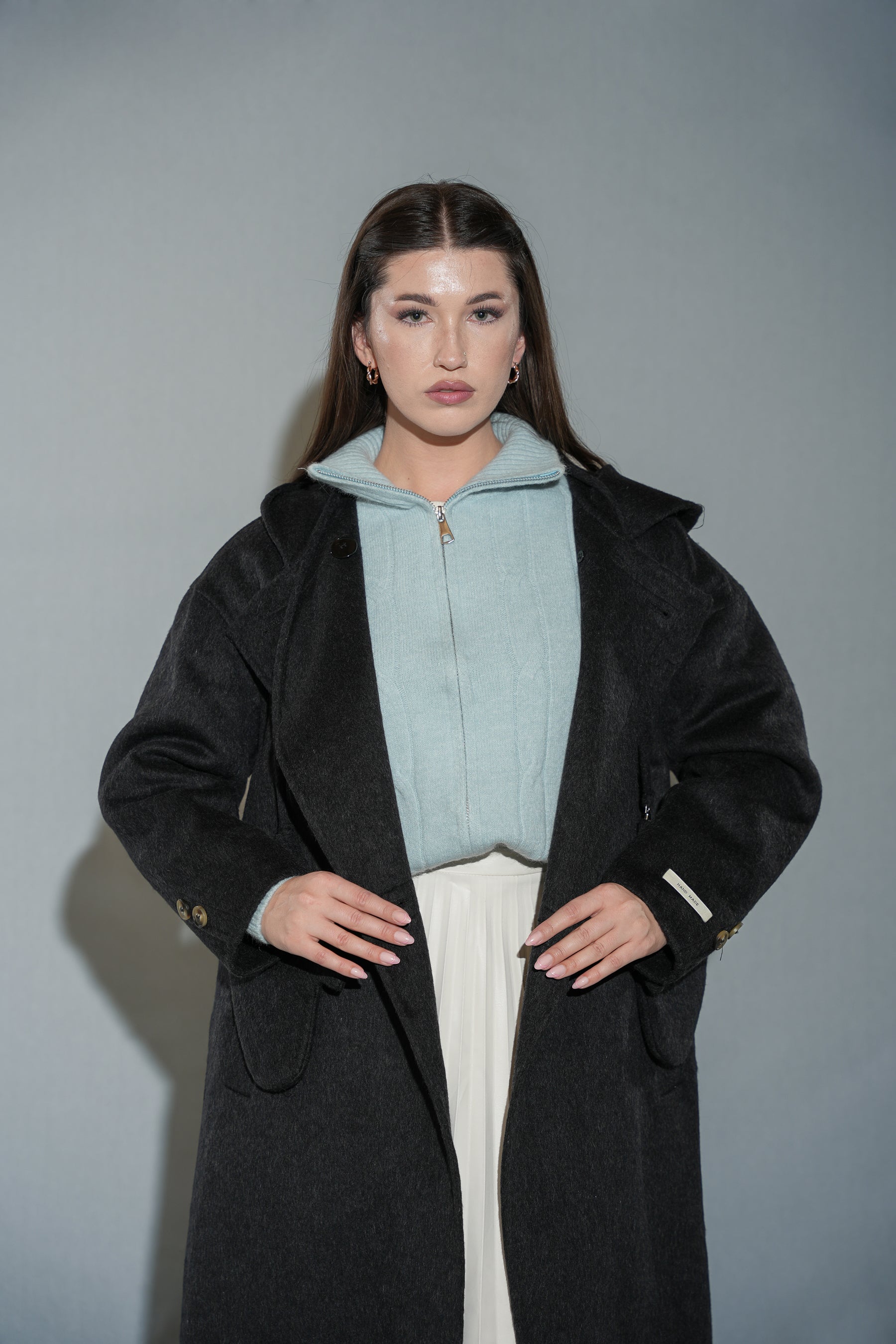 Women's Hooded Wool Blend Overcoat - Long Black Winter Coat With Gloves