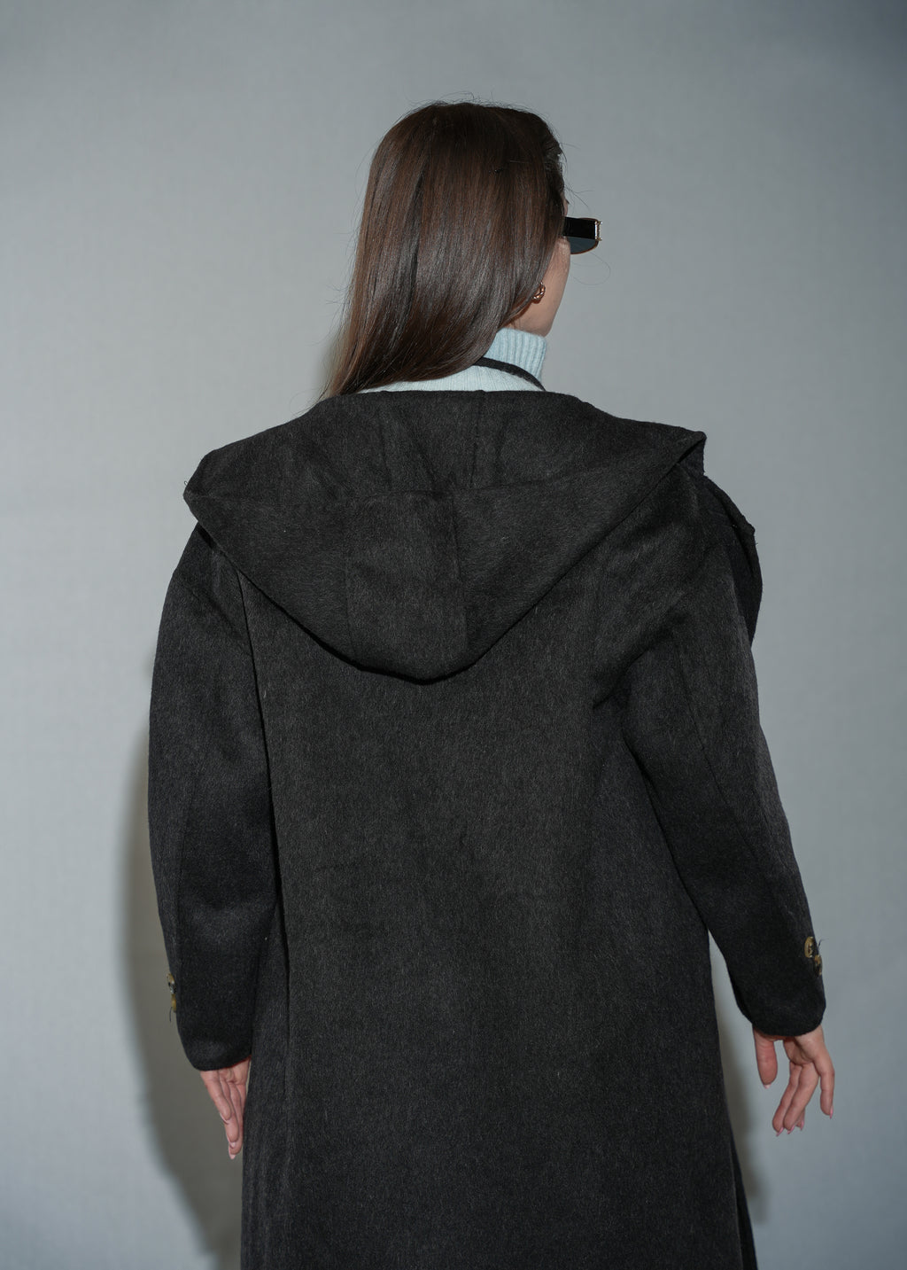 Women's Hooded Wool Blend Overcoat - Long Black Winter Coat With Gloves
