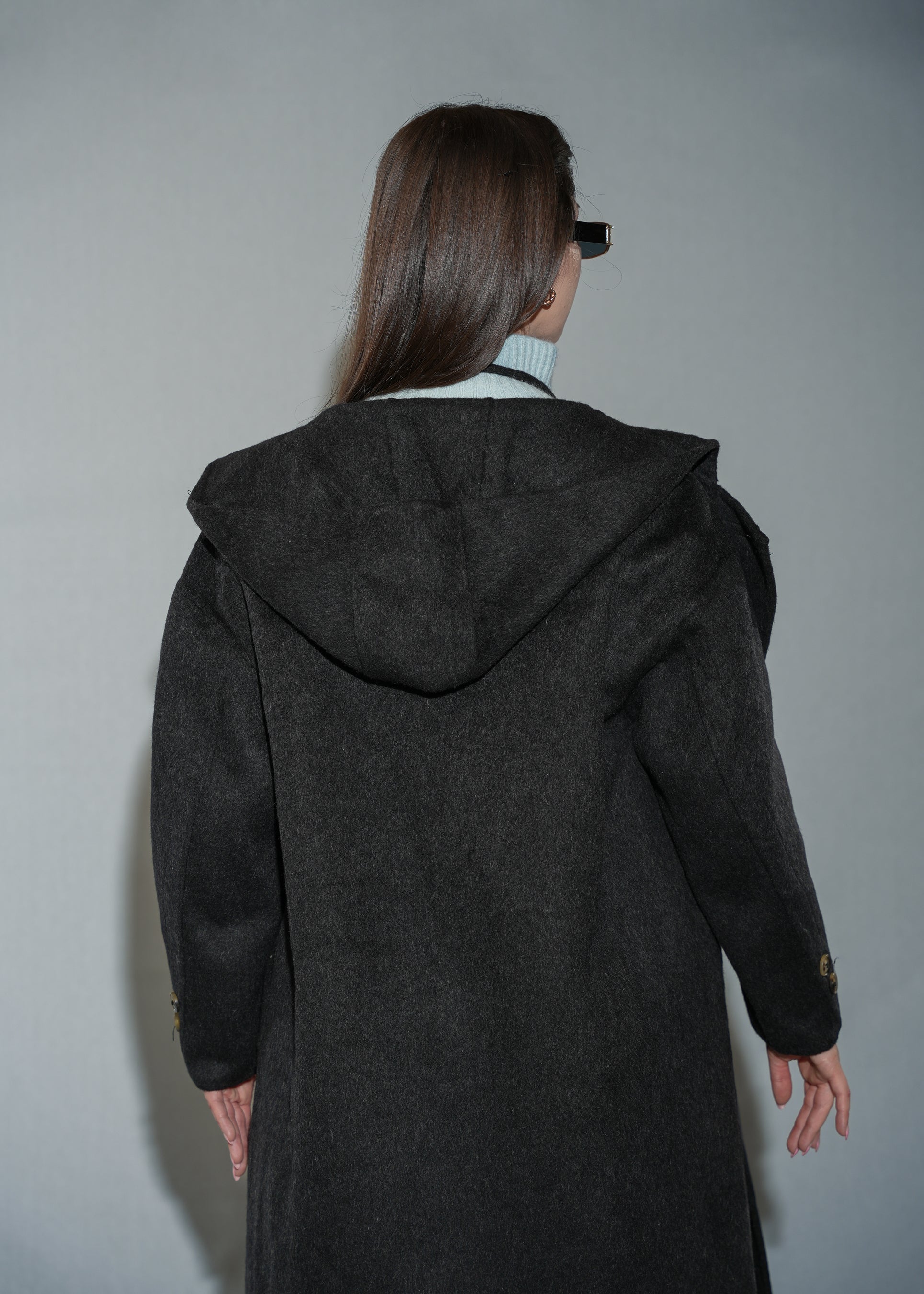 Women's Hooded Wool Blend Overcoat - Long Black Winter Coat With Gloves