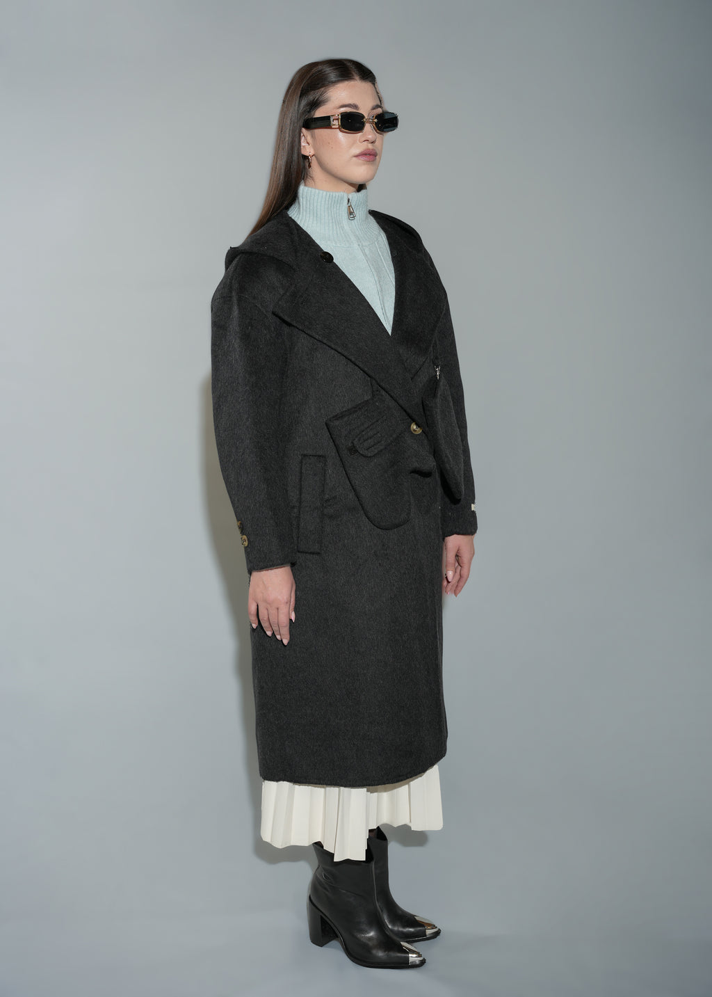 Women's Hooded Wool Blend Overcoat - Long Black Winter Coat With Gloves