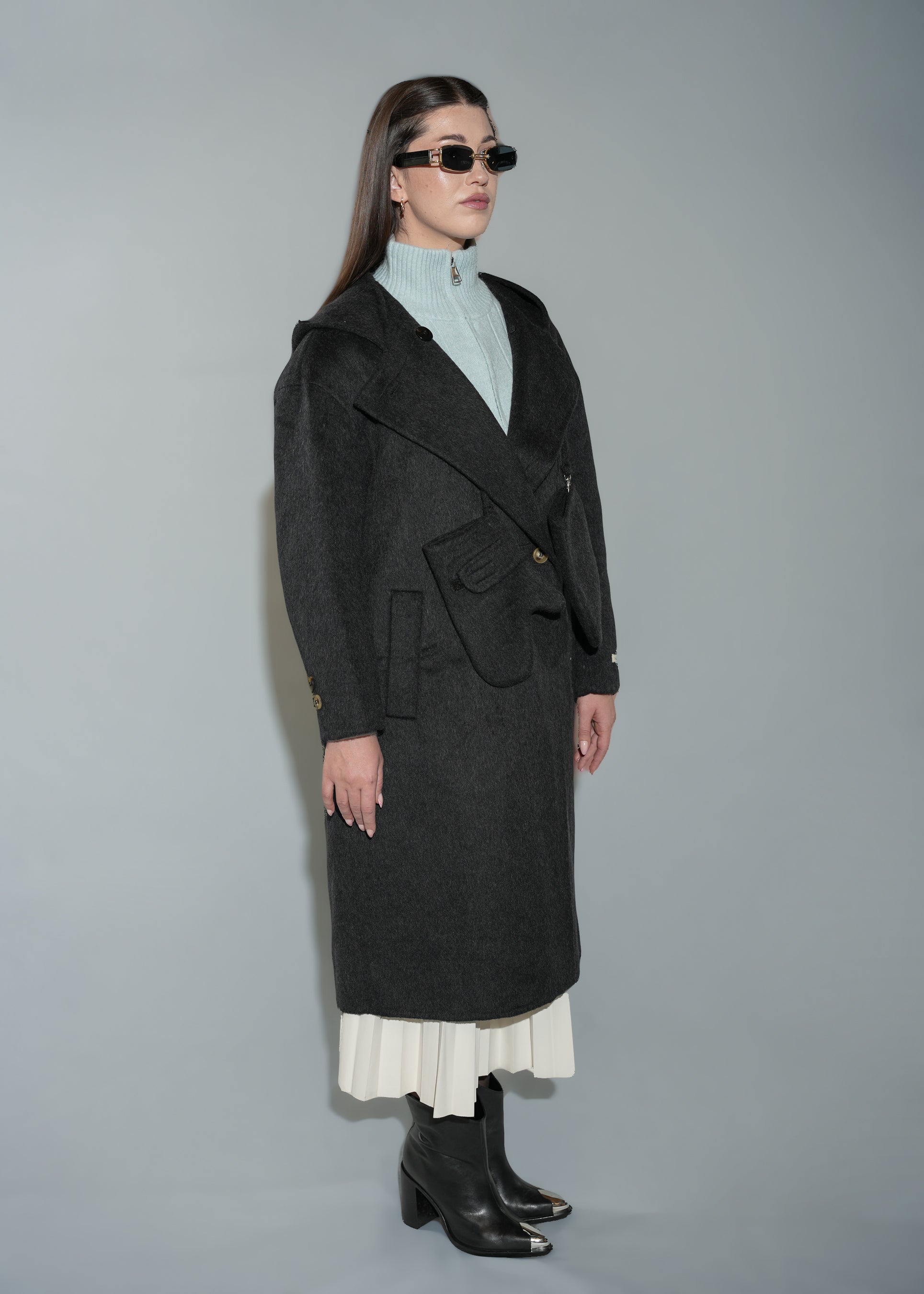 Women's Hooded Wool Blend Overcoat - Long Black Winter Coat With Gloves