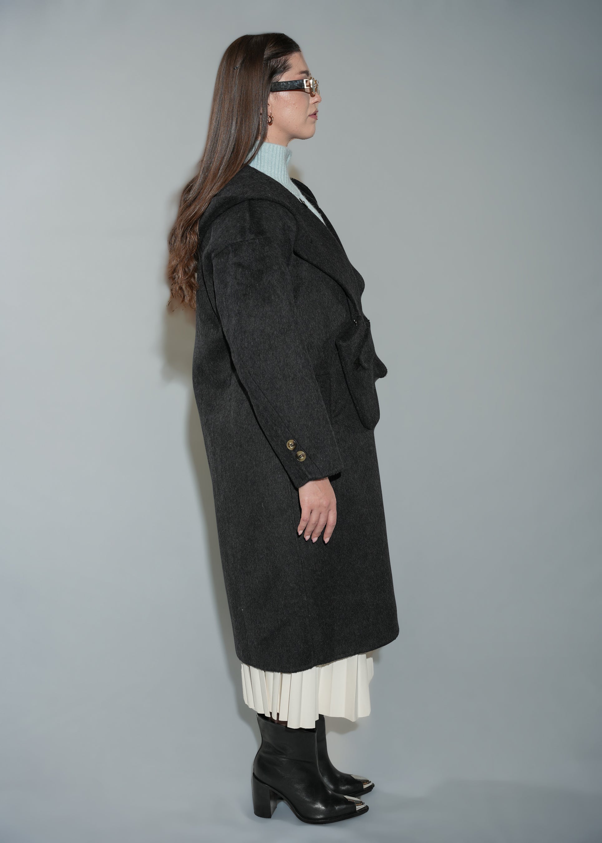 Women's Hooded Wool Blend Overcoat - Long Black Winter Coat With Gloves