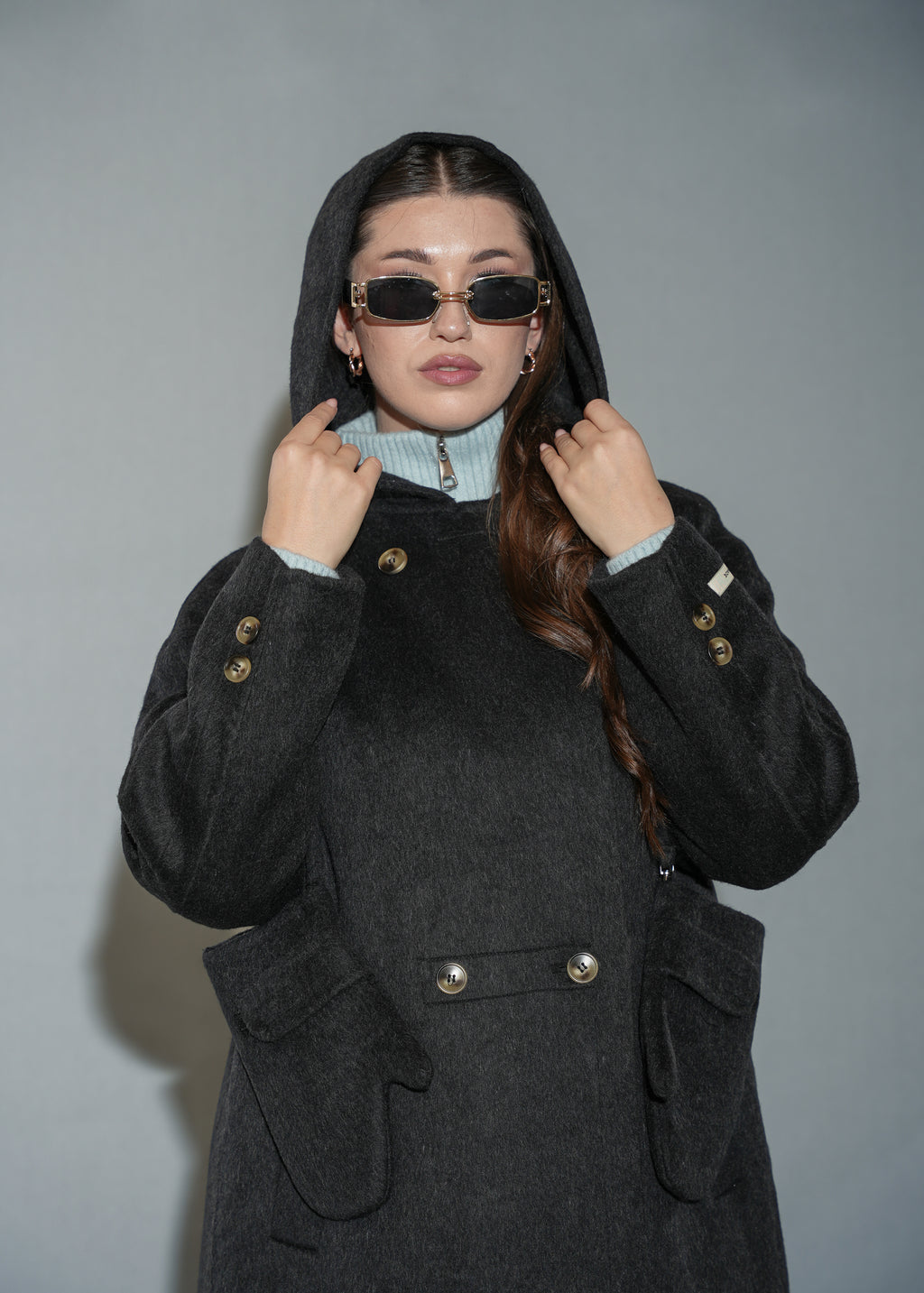Women's Hooded Wool Blend Overcoat - Long Black Winter Coat With Gloves