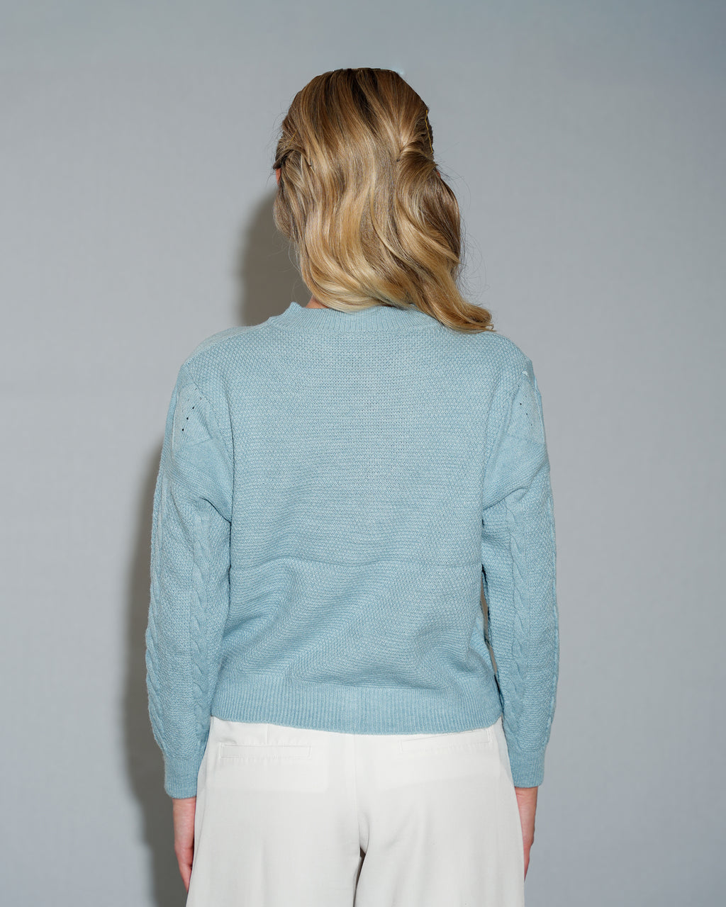Ice Blue Cropped Cable-Knit Cardigan Sweater
