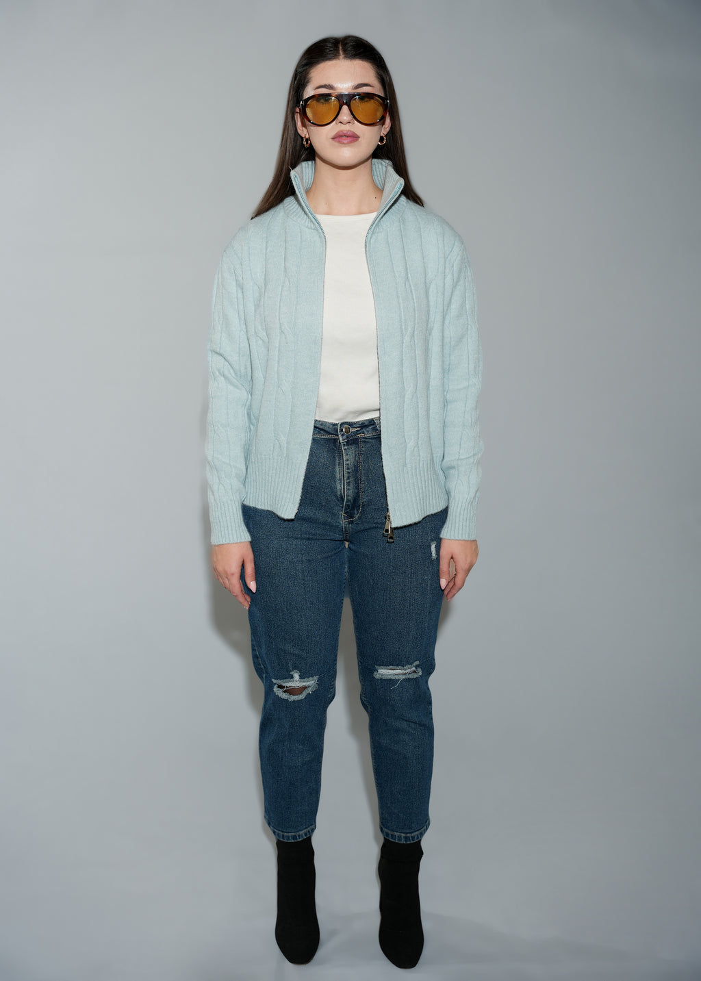 Women's Cable Knit Full-Zip Cardigan Sweater - Light Blue Stand Collar Cardigan