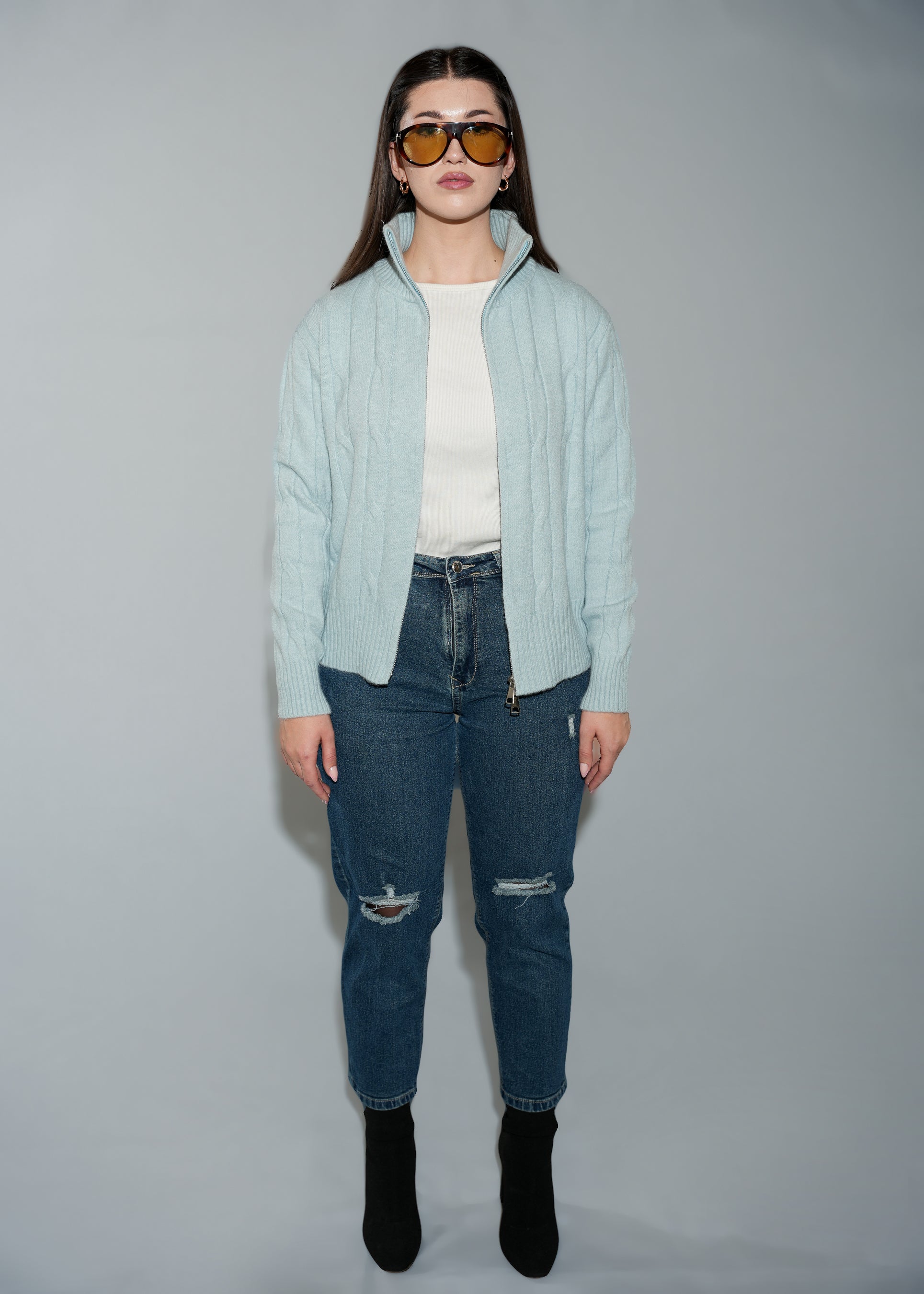 Women's Cable Knit Full-Zip Cardigan Sweater - Light Blue Stand Collar Cardigan