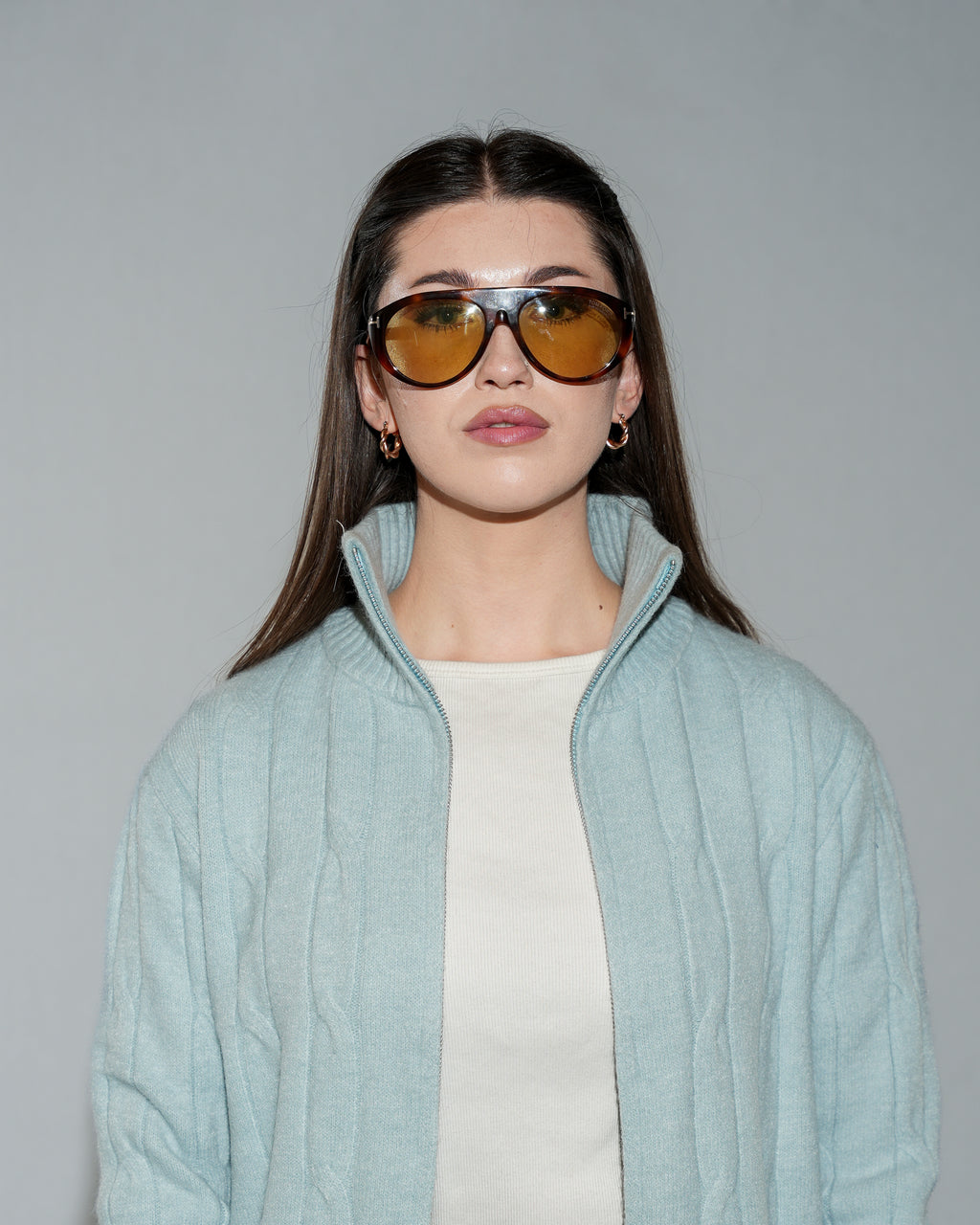 Women's Cable Knit Full-Zip Cardigan Sweater - Light Blue Stand Collar Cardigan
