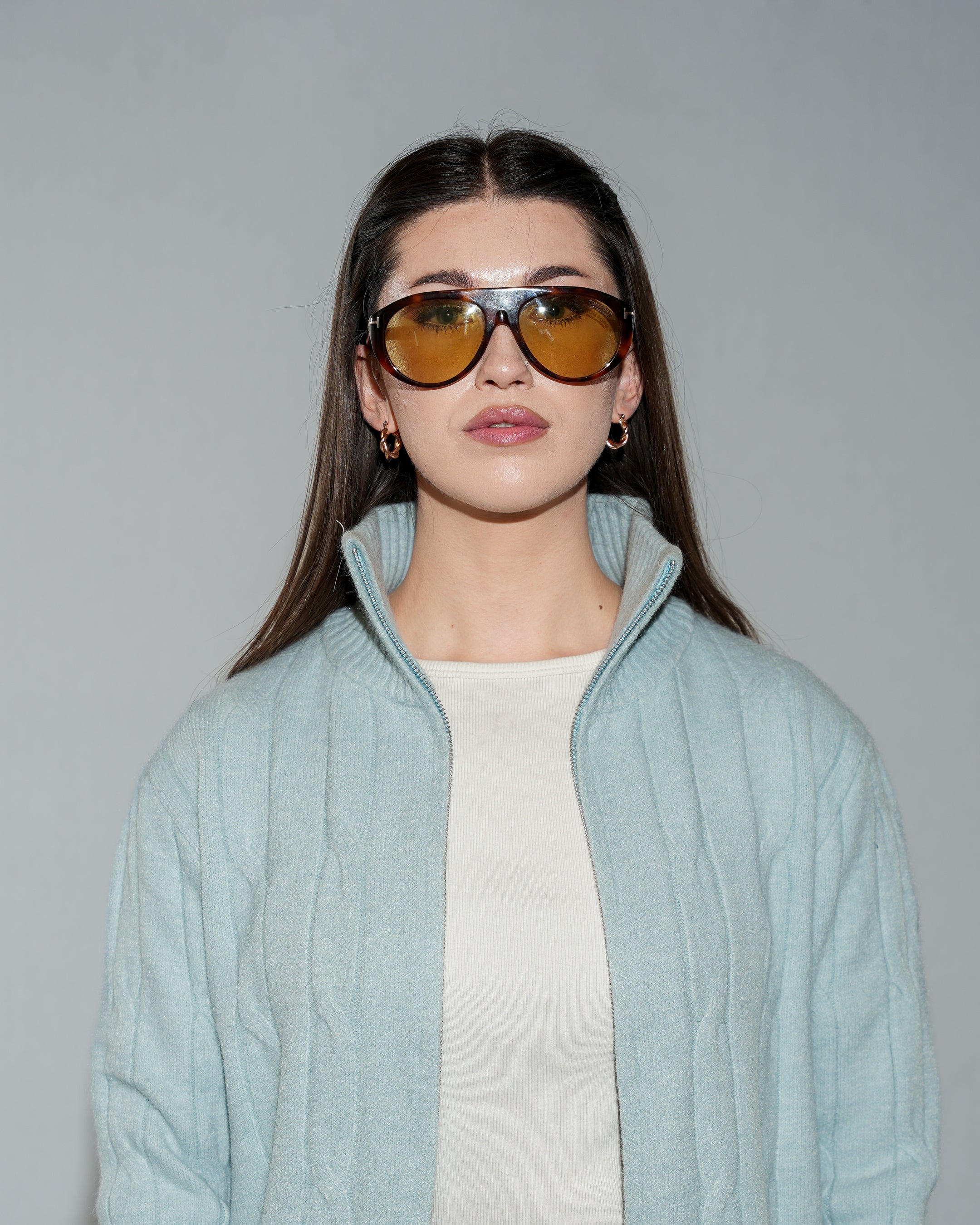 Women's Cable Knit Full-Zip Cardigan Sweater - Light Blue Stand Collar Cardigan