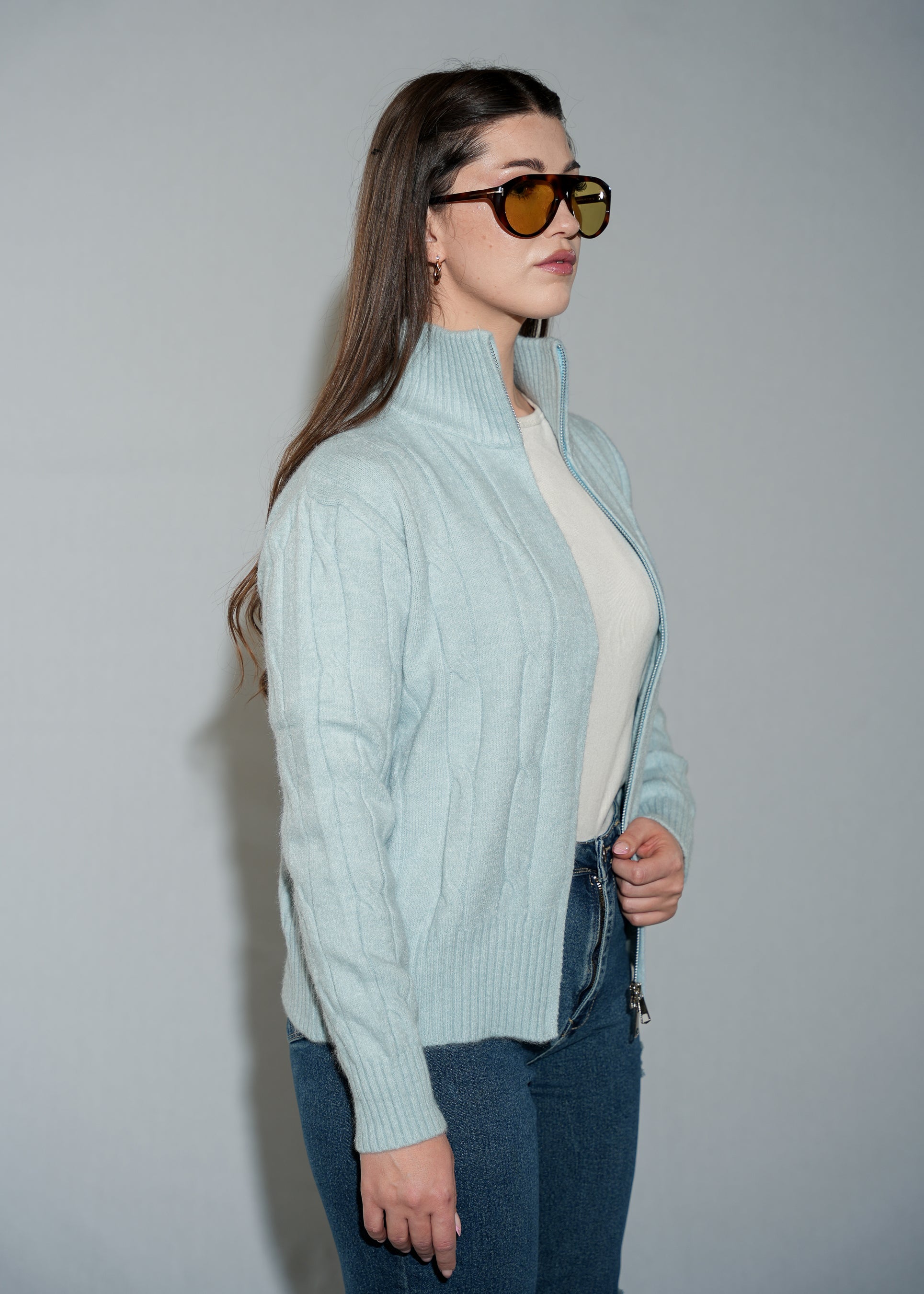 Women's Cable Knit Full-Zip Cardigan Sweater - Light Blue Stand Collar Cardigan