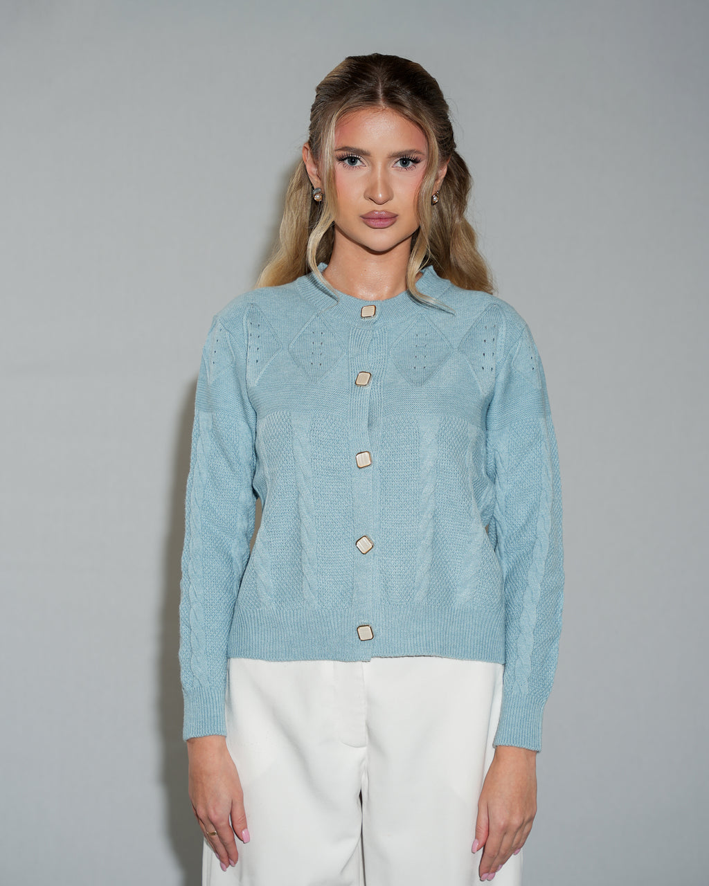 Ice Blue Cropped Cable-Knit Cardigan Sweater