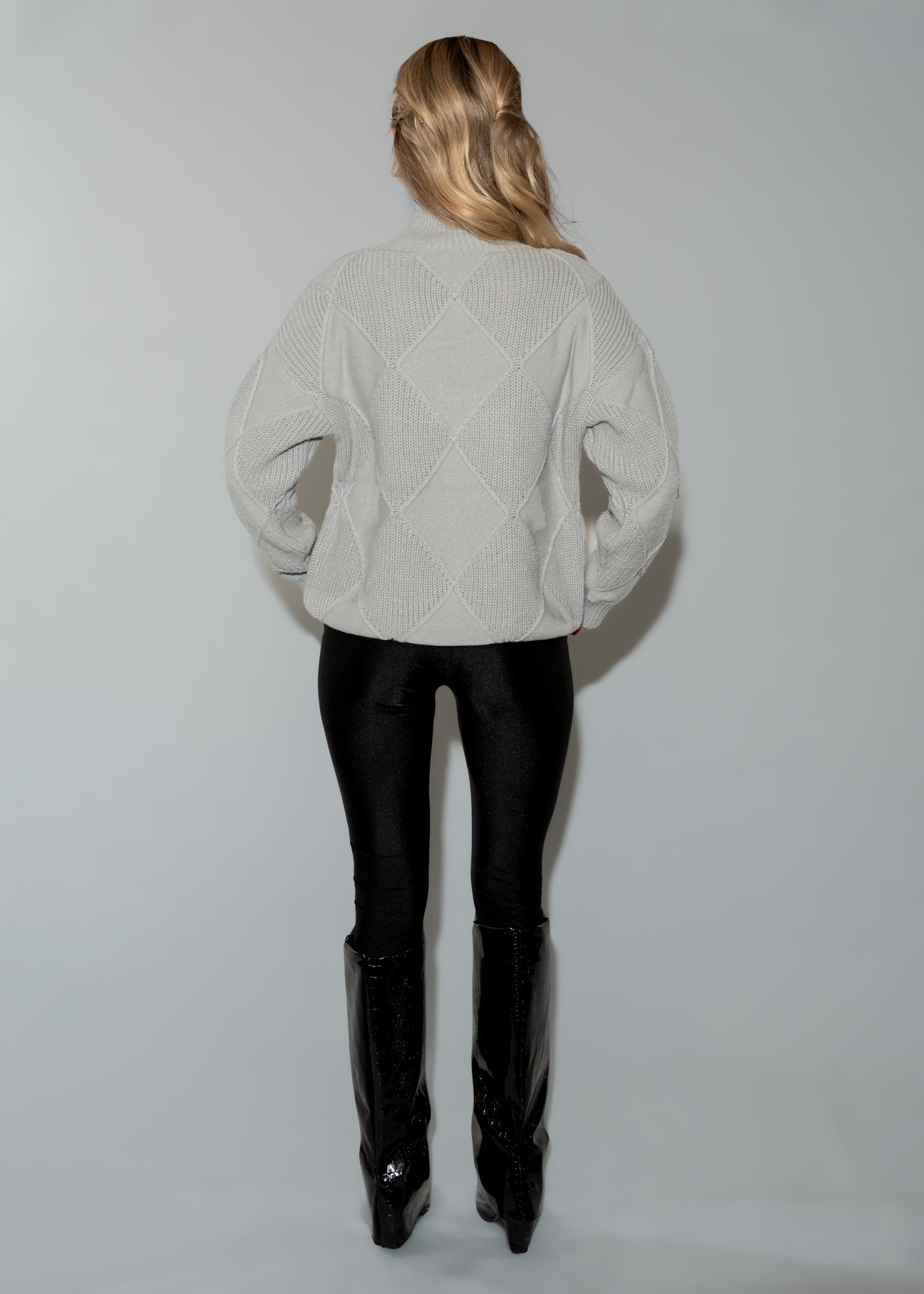 Women's Oversized Turtleneck Sweater Dress - Grey Argyle Knit Tunic