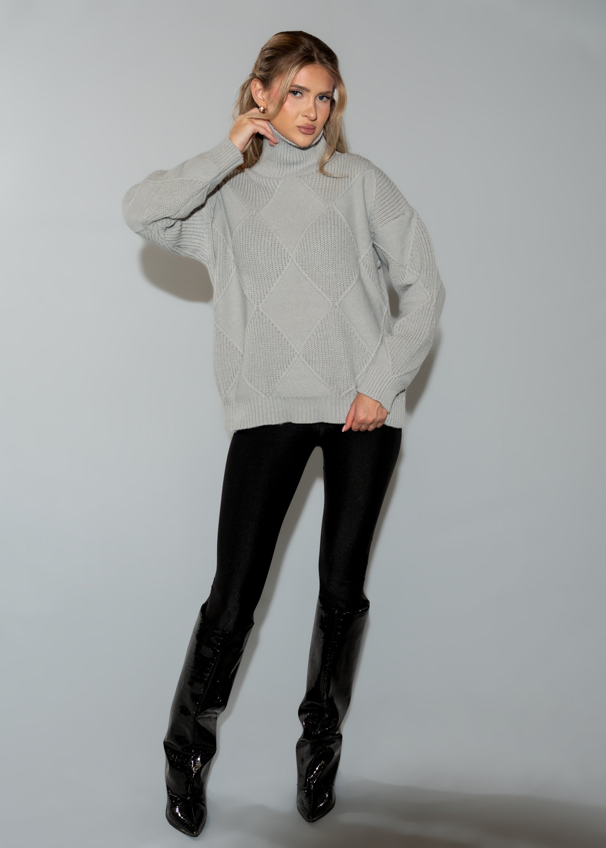 Women's Oversized Turtleneck Sweater Dress - Grey Argyle Knit Tunic