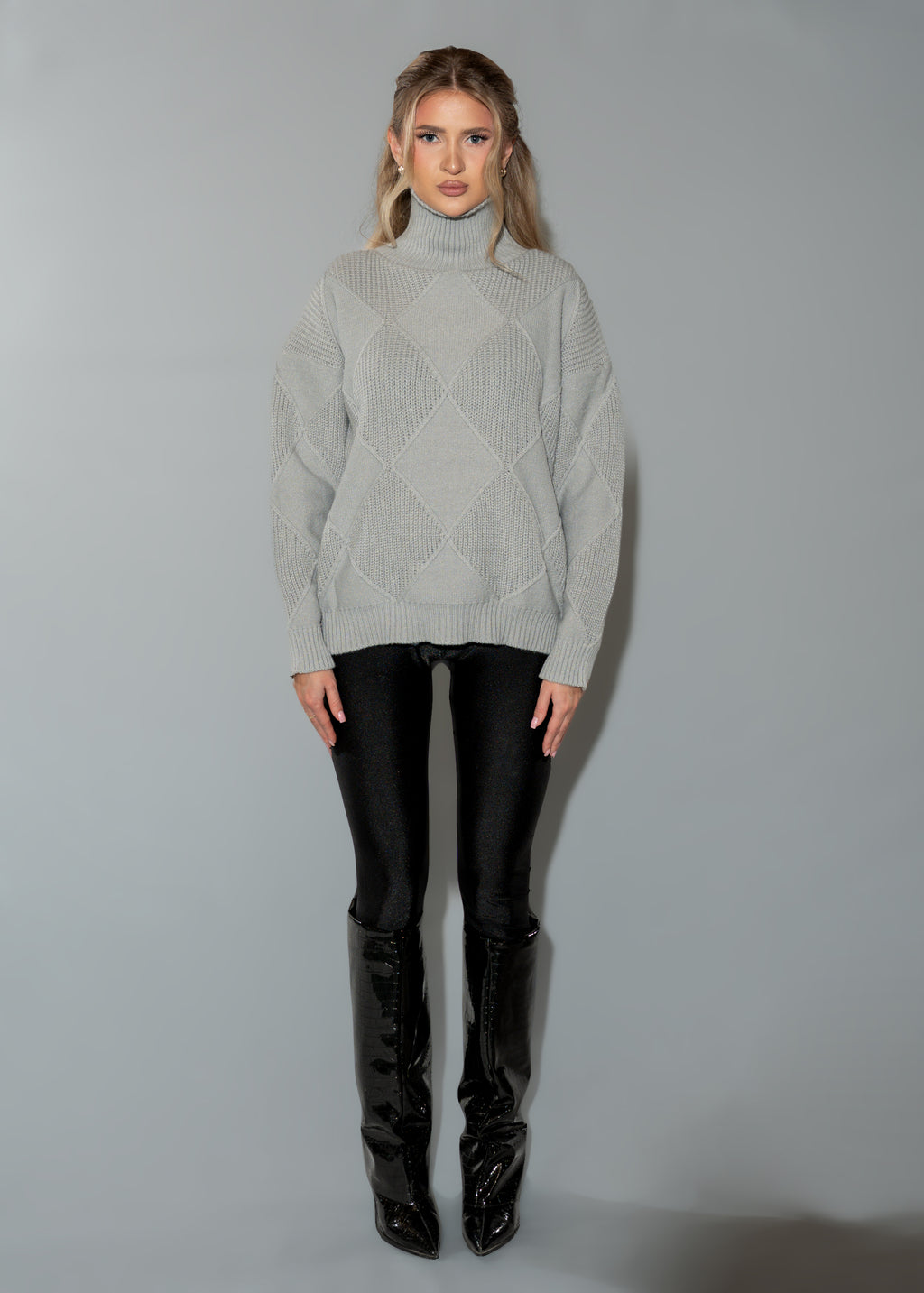 Women's Oversized Turtleneck Sweater Dress - Grey Argyle Knit Tunic