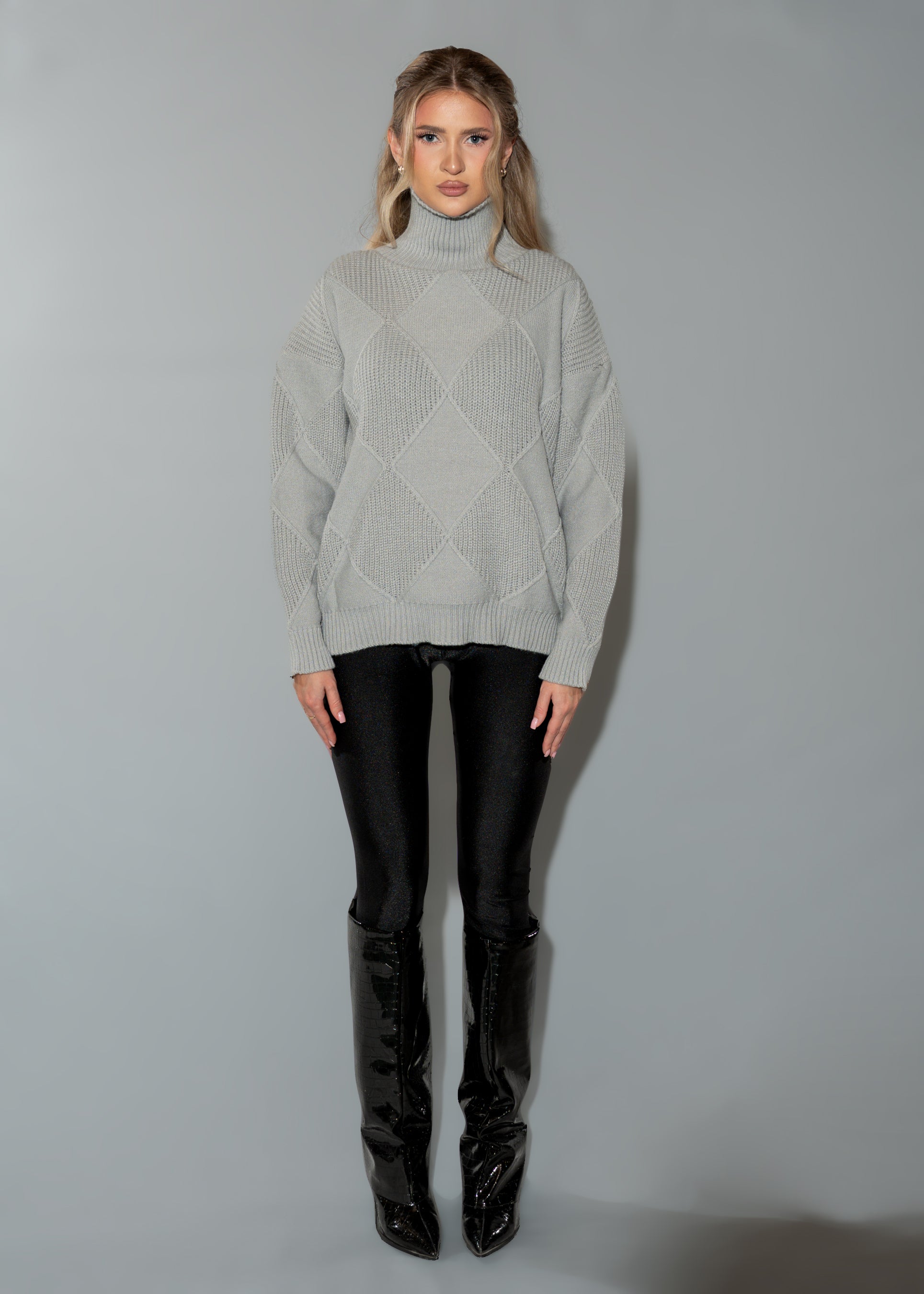 Women's Oversized Turtleneck Sweater Dress - Grey Argyle Knit Tunic