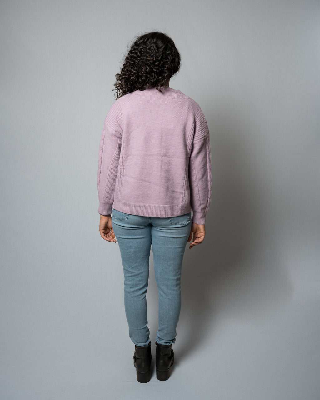 Women's Purple Cable Knit Cardigan - Pearl Button Crew Neck Sweater
