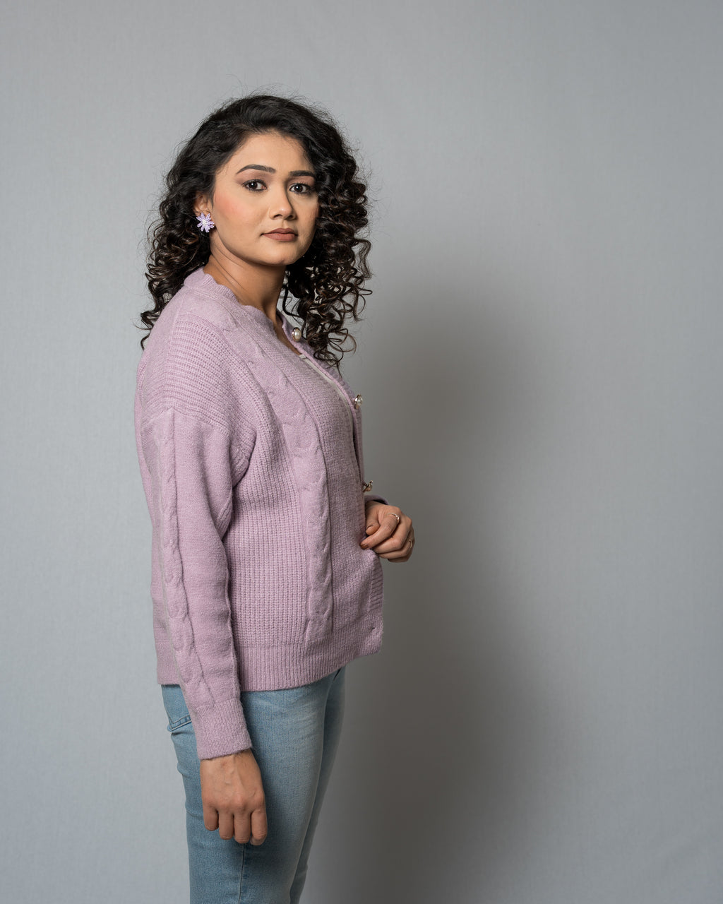 Women's Purple Cable Knit Cardigan - Pearl Button Crew Neck Sweater