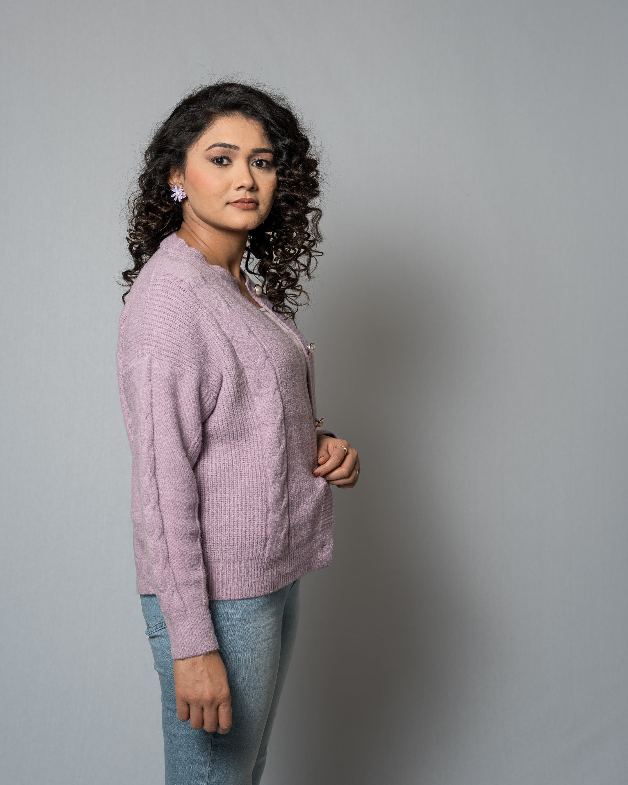 Women's Purple Cable Knit Cardigan - Pearl Button Crew Neck Sweater