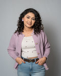 Women's Purple Cable Knit Cardigan - Pearl Button Crew Neck Sweater