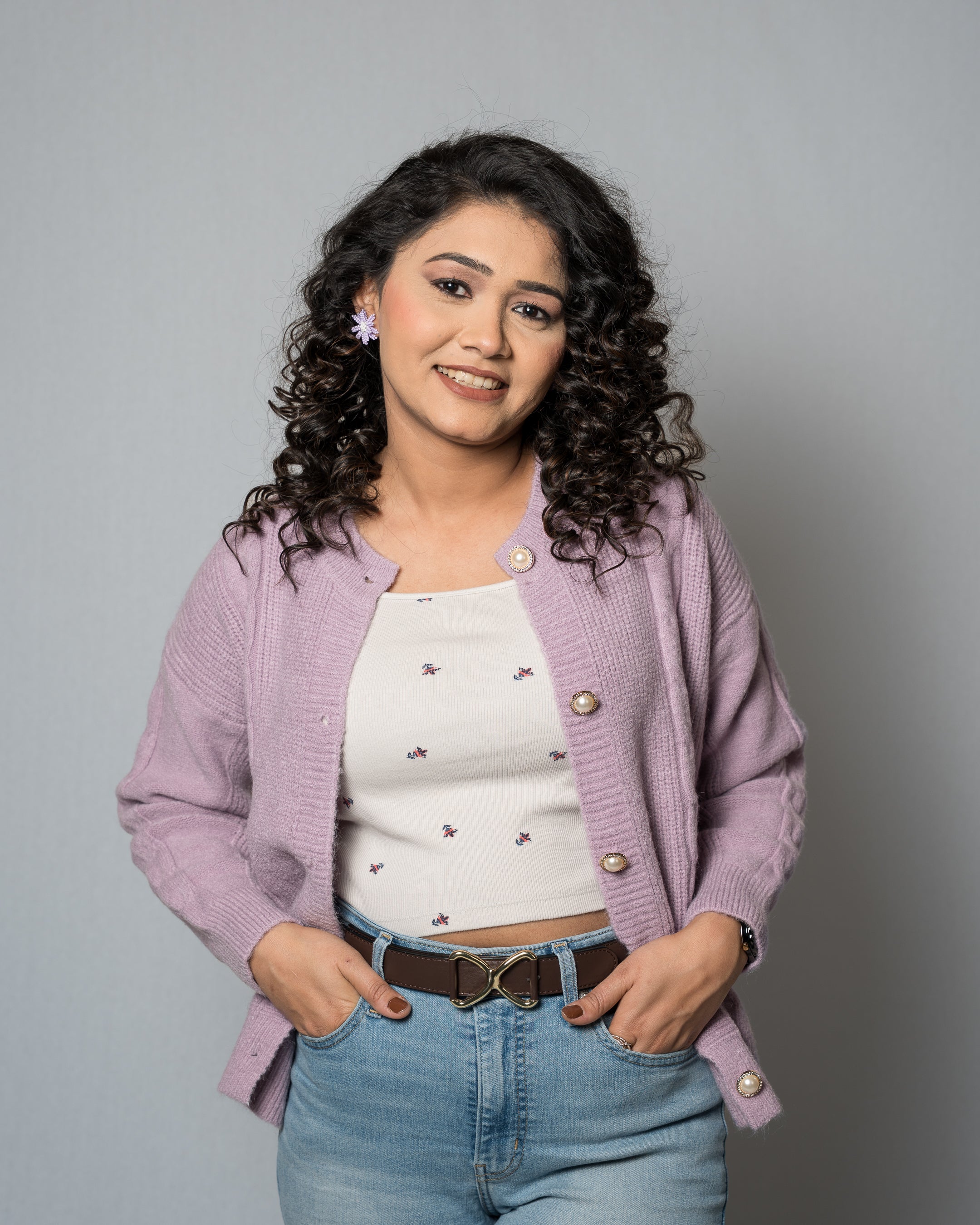 Women's Purple Cable Knit Cardigan - Pearl Button Crew Neck Sweater