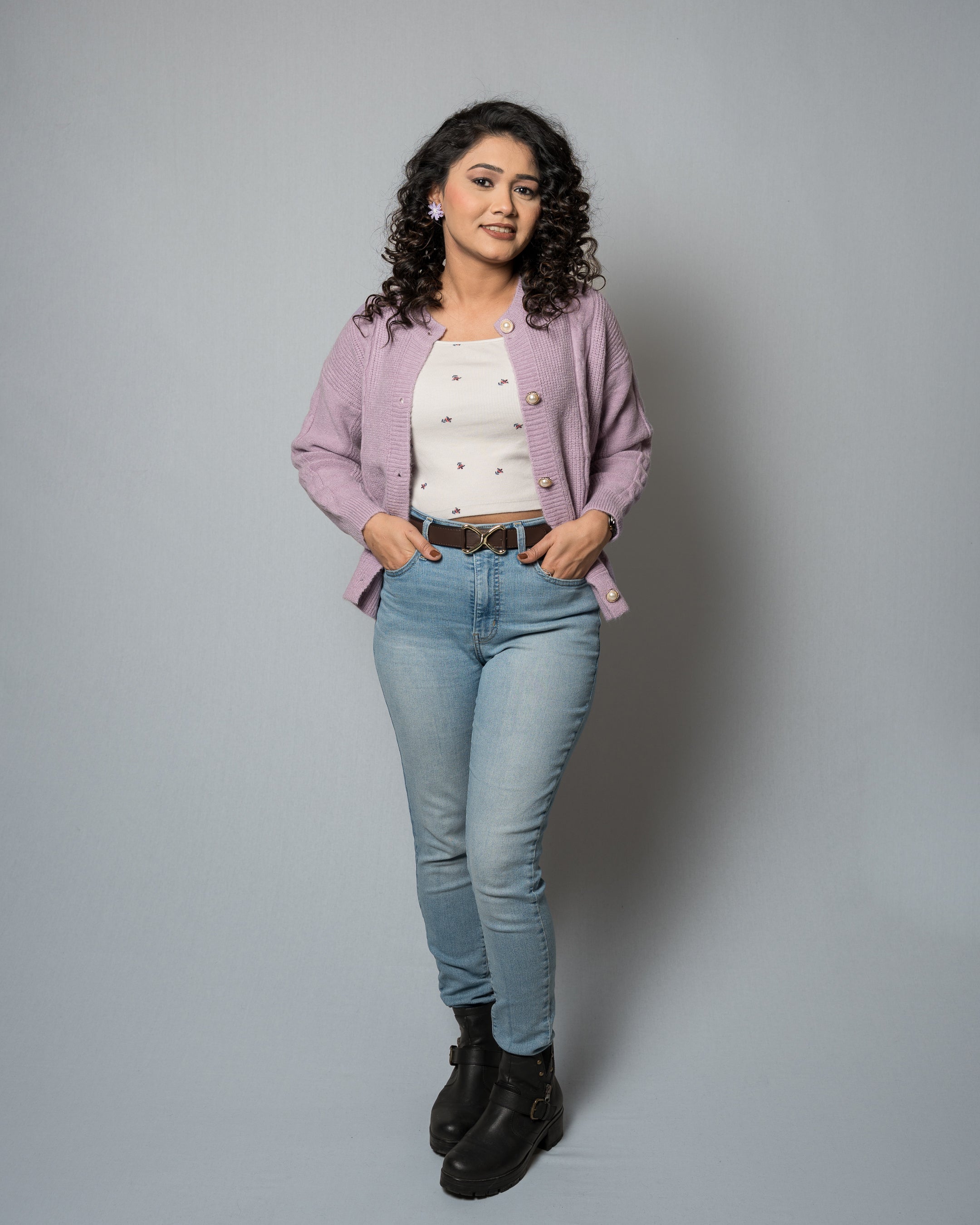 Women's Purple Cable Knit Cardigan - Pearl Button Crew Neck Sweater