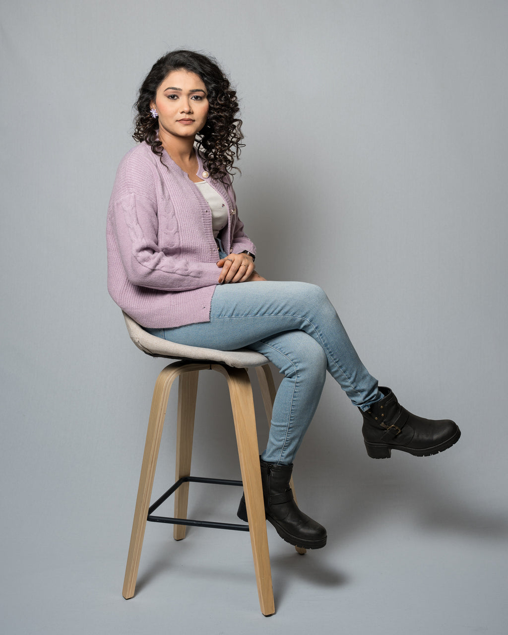Women's Purple Cable Knit Cardigan - Pearl Button Crew Neck Sweater