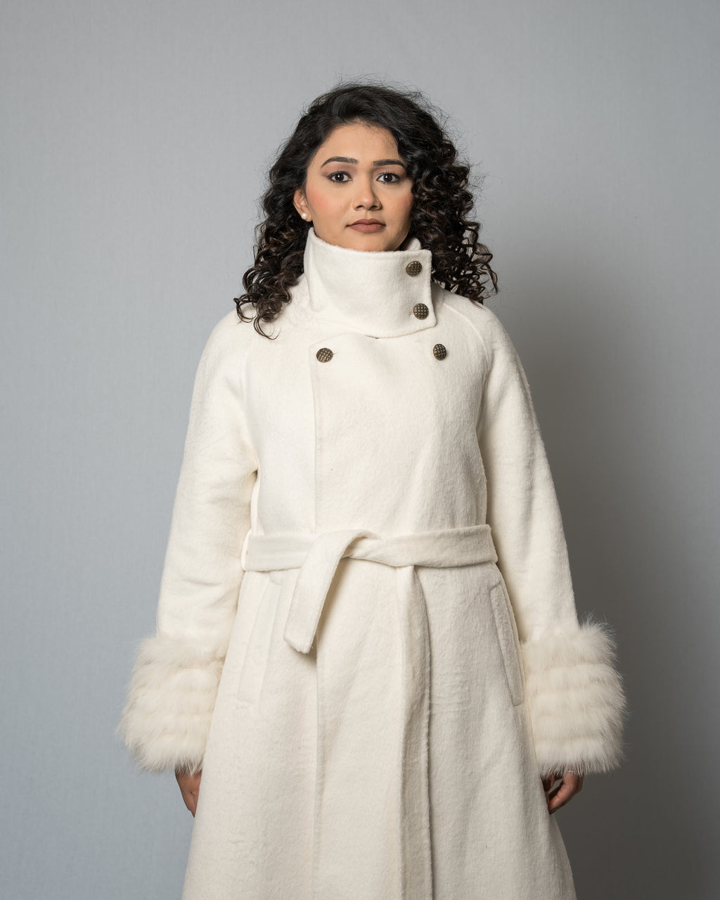 Women's Faux Fur Cuff Wool Blend Long Beige (cream) Coat - Belted Longline Winter Jacket