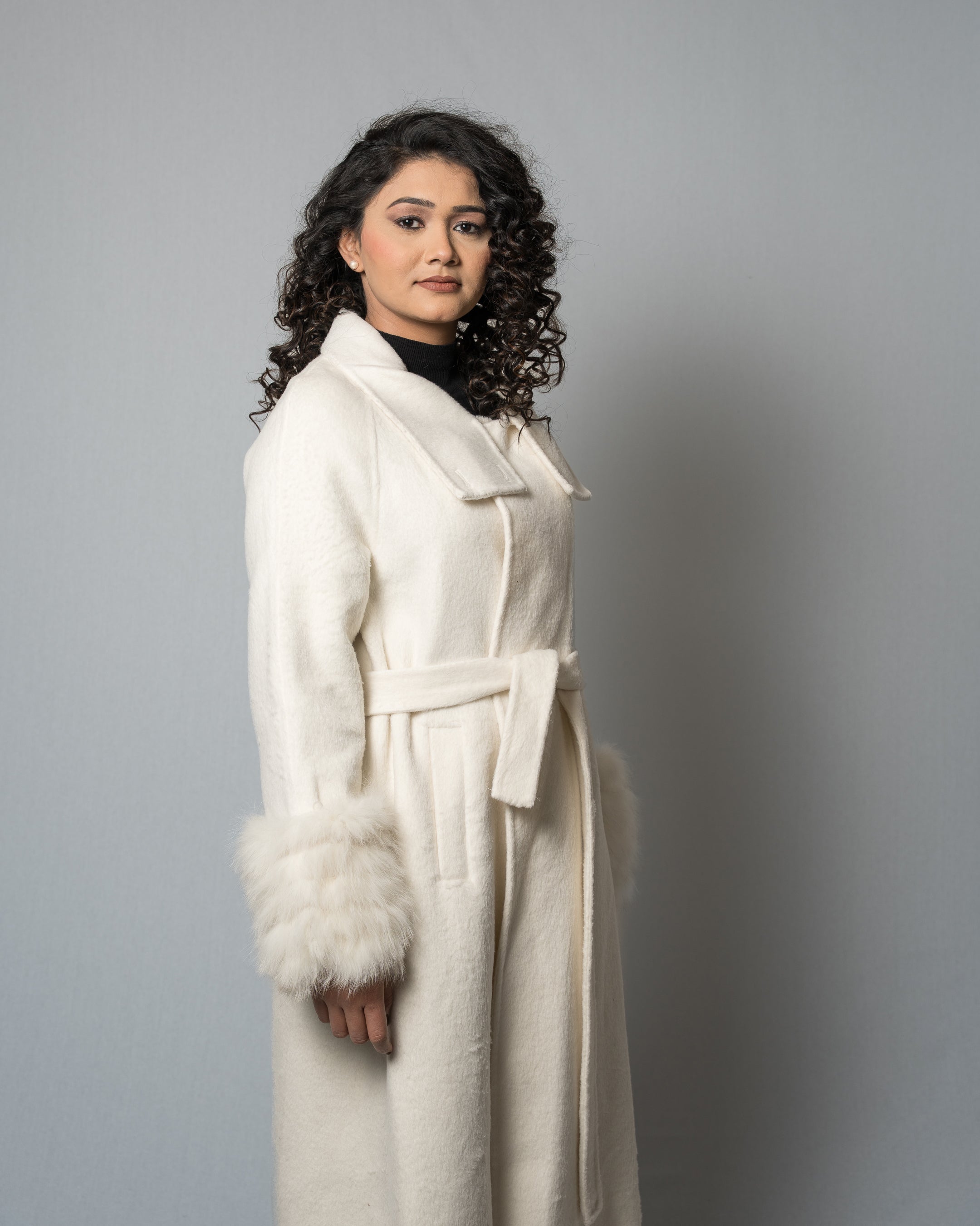 Women's Faux Fur Cuff Wool Blend Long Beige (cream) Coat - Belted Longline Winter Jacket