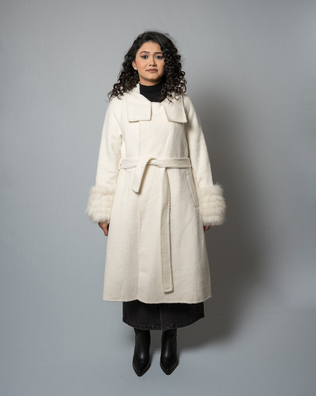 Women's Faux Fur Cuff Wool Blend Long Beige (cream) Coat - Belted Longline Winter Jacket