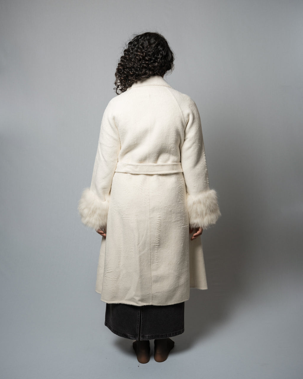 Women's Faux Fur Cuff Wool Blend Long Beige (cream) Coat - Belted Longline Winter Jacket