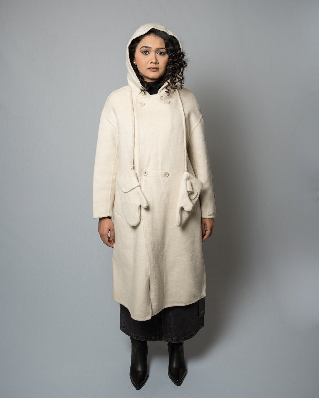 Women's Hooded Wool Blend Overcoat - Long Beige Winter Coat With Gloves