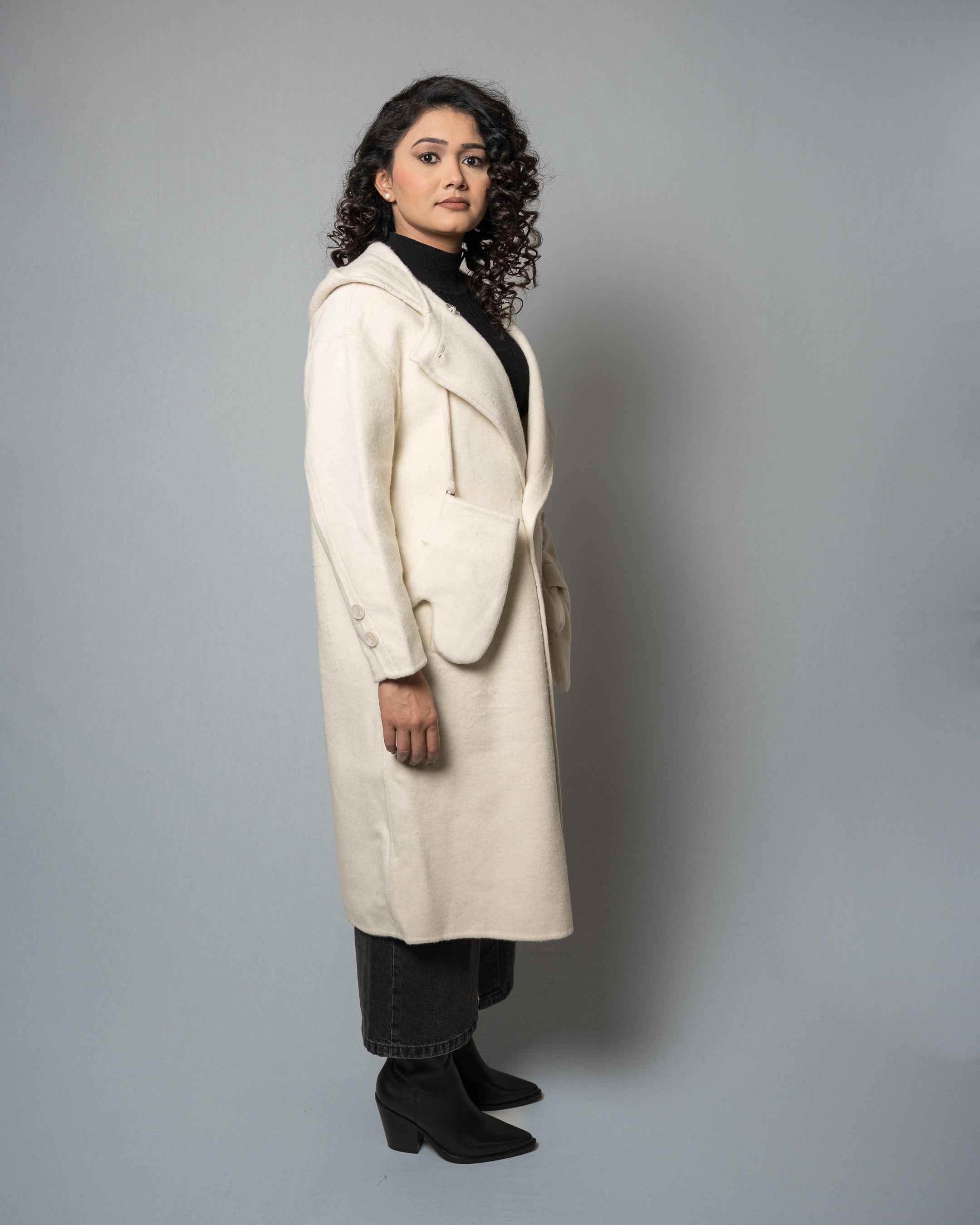 Women's Hooded Wool Blend Overcoat - Long Beige Winter Coat With Gloves