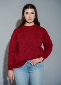Women's Red Cable Knit Sweater - Long Sleeve Crew Neck Pullover