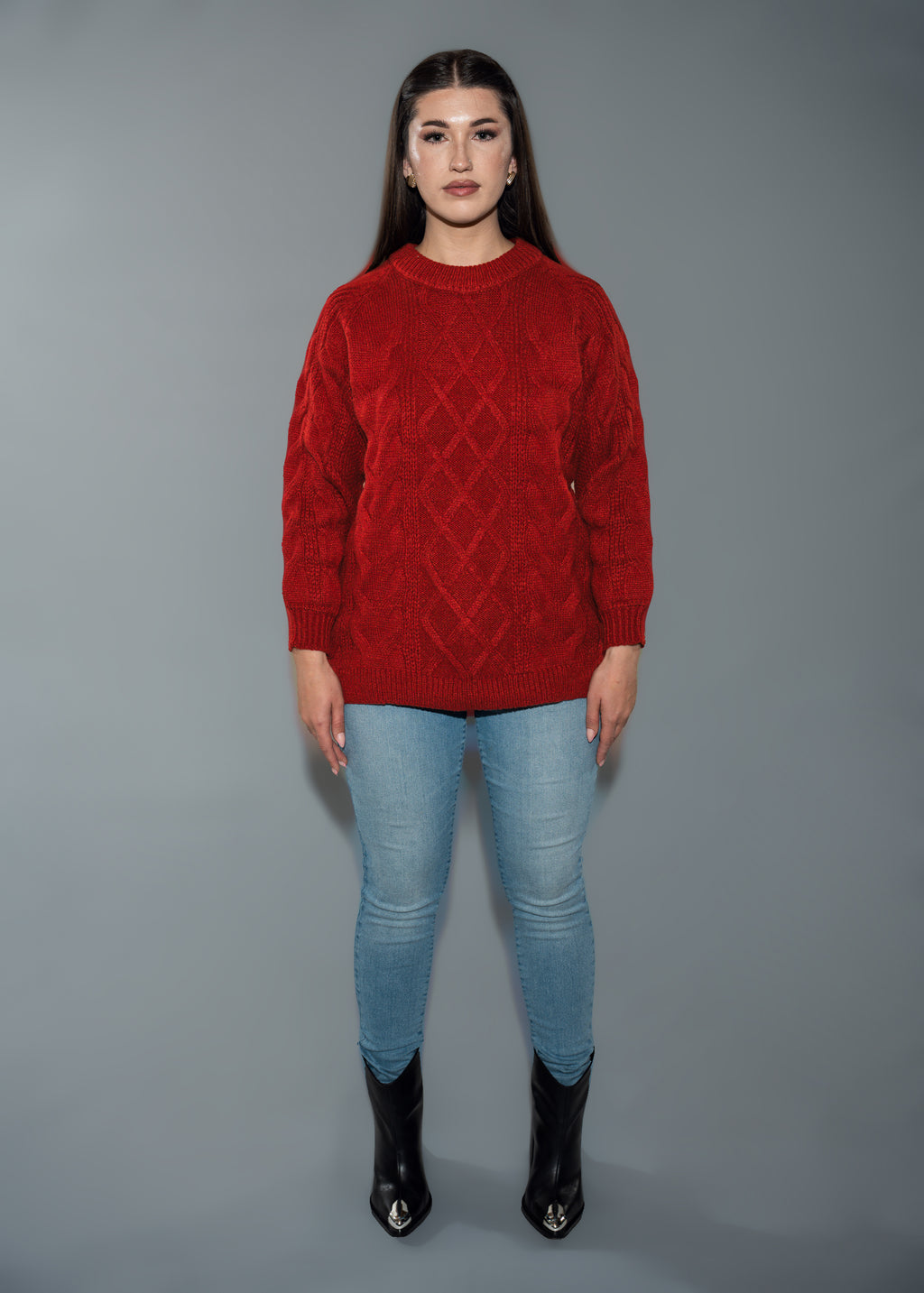 Women's Red Cable Knit Sweater - Long Sleeve Crew Neck Pullover