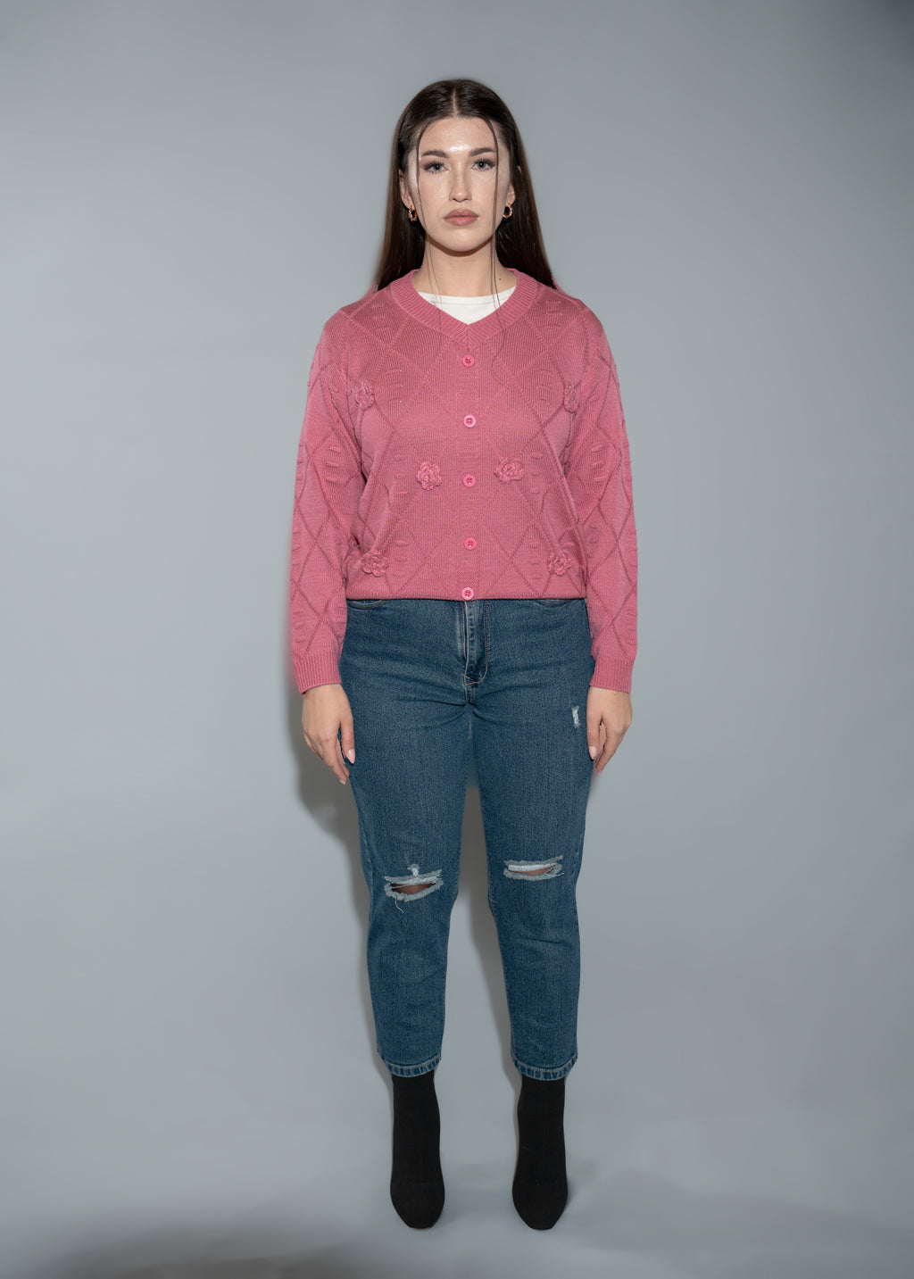 Pink Knit Cropped Sweater with 3D Rose