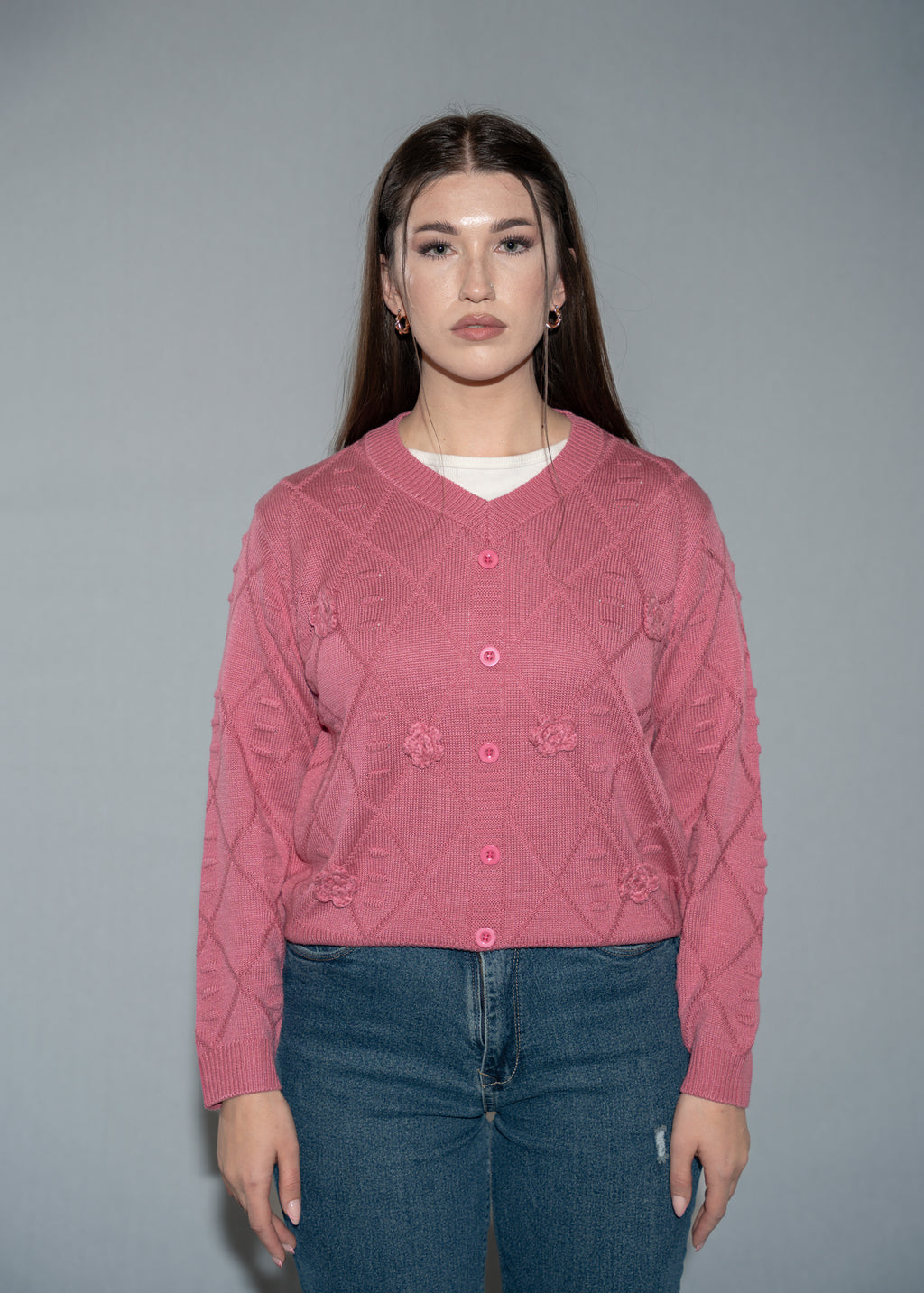 Pink Knit Cropped Sweater with 3D Rose
