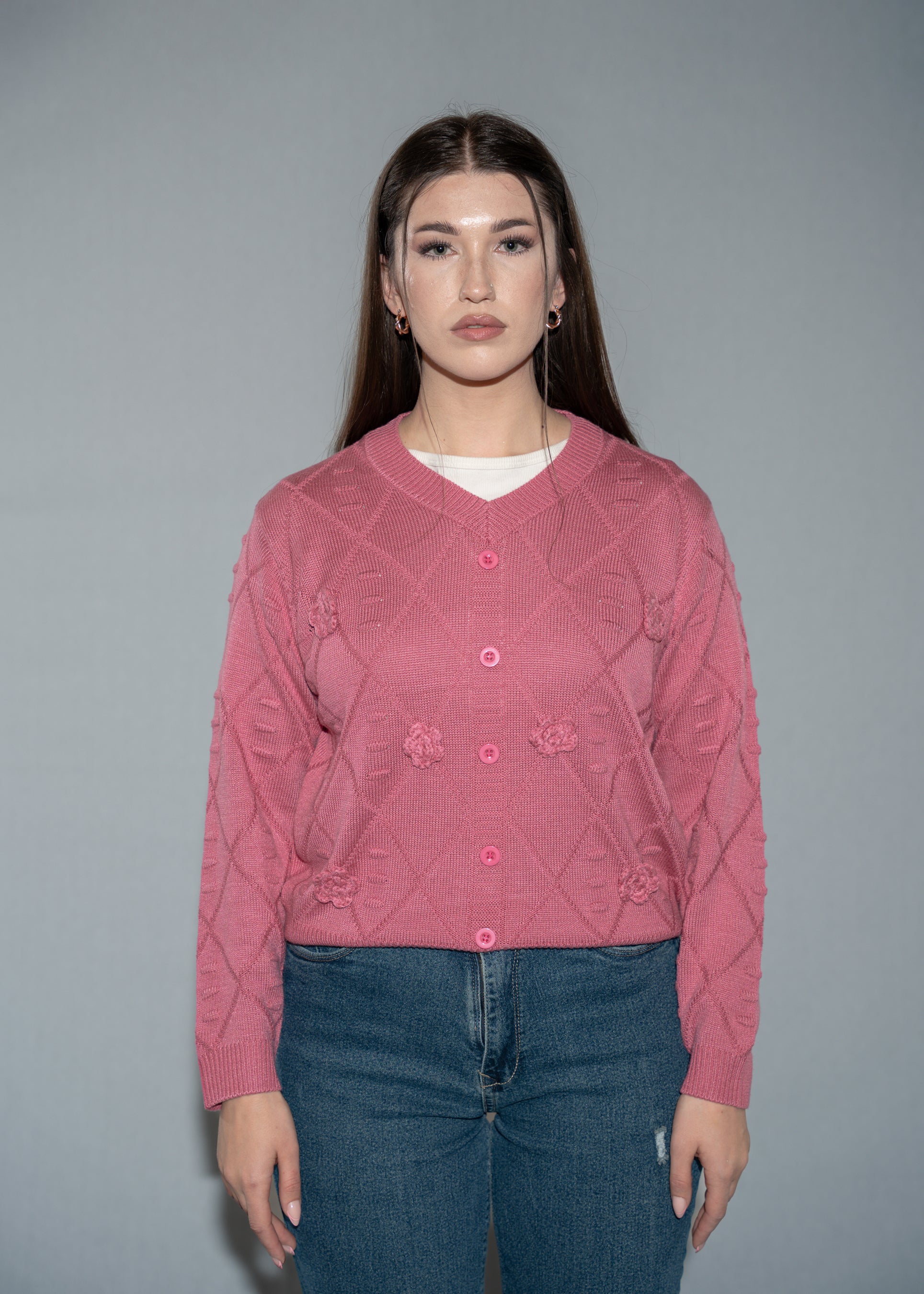 Pink Knit Cropped Sweater with 3D Rose