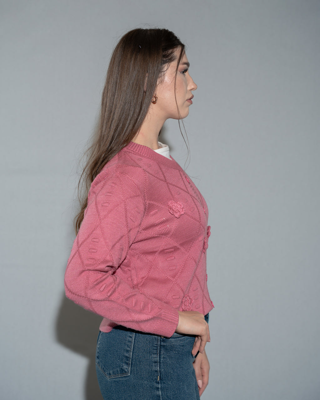 Pink Knit Cropped Sweater with 3D Rose