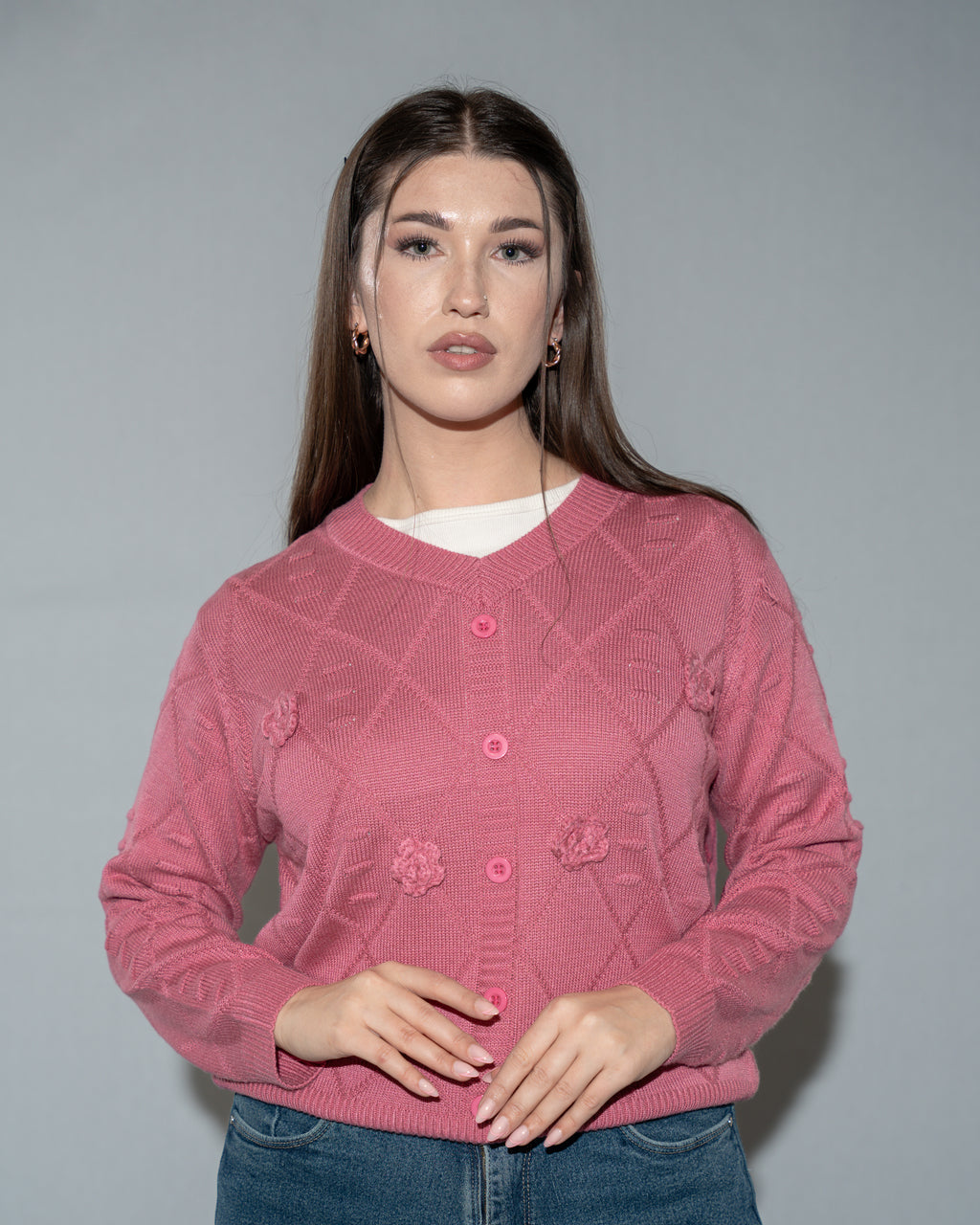 Pink Knit Cropped Sweater with 3D Rose