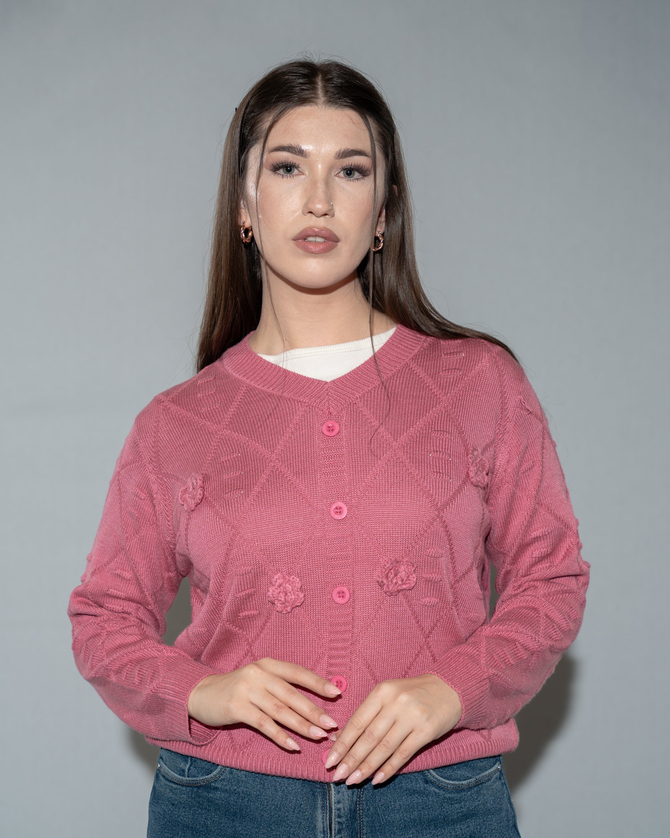 Pink Knit Cropped Sweater with 3D Rose
