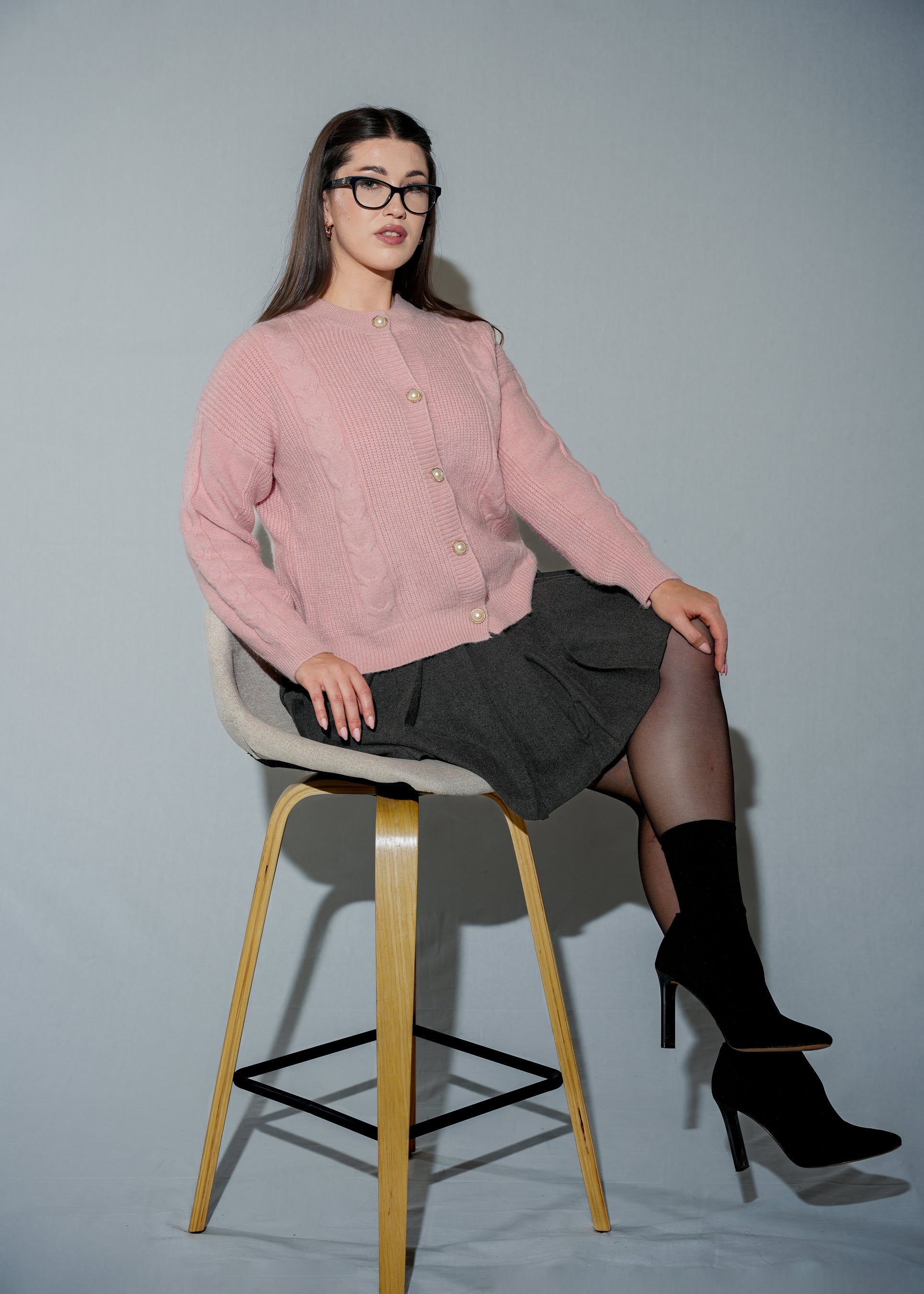 Women's Pink Cable Knit Cardigan - Pearl Button Crew Neck Sweater