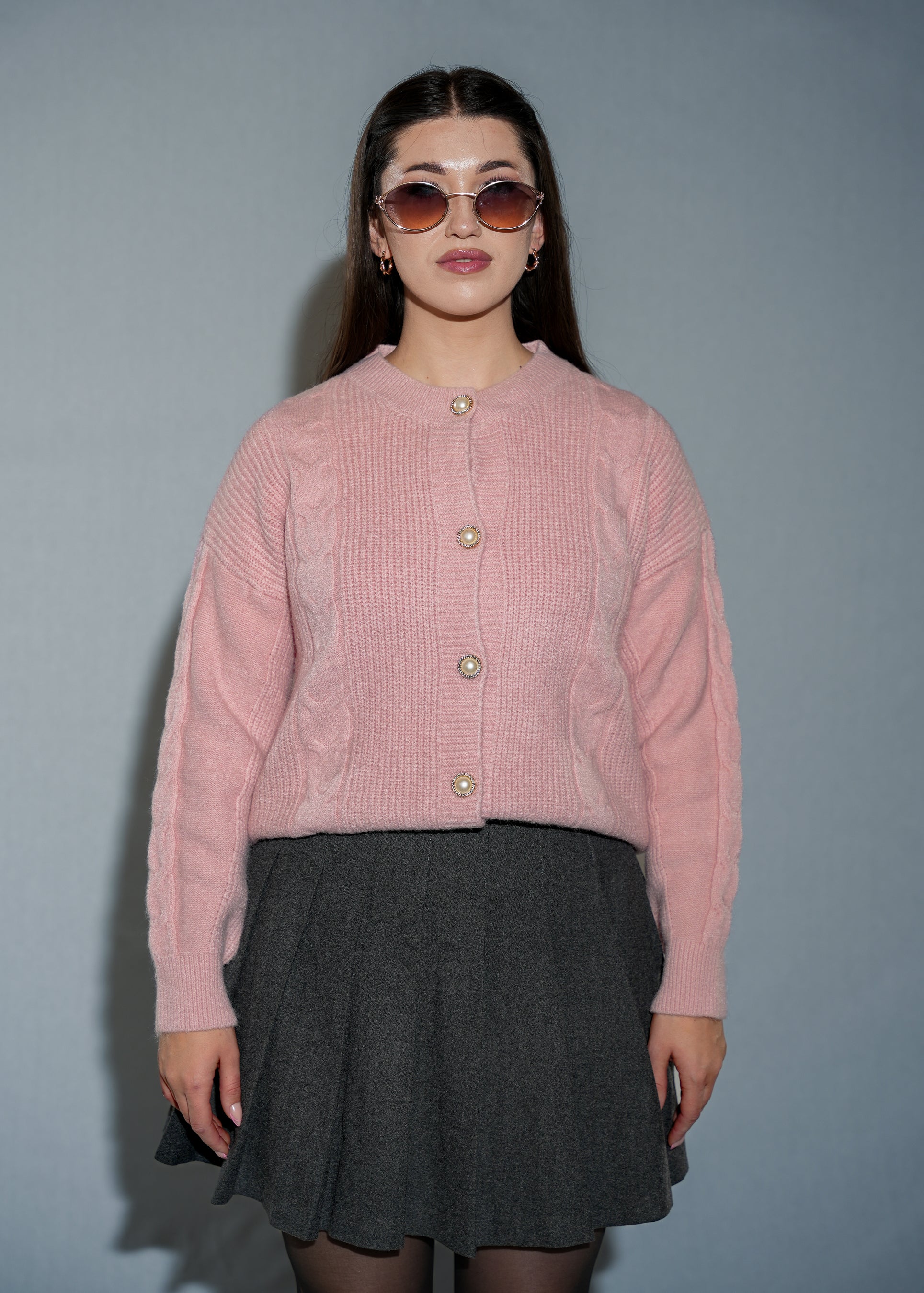 Women's Pink Cable Knit Cardigan - Pearl Button Crew Neck Sweater