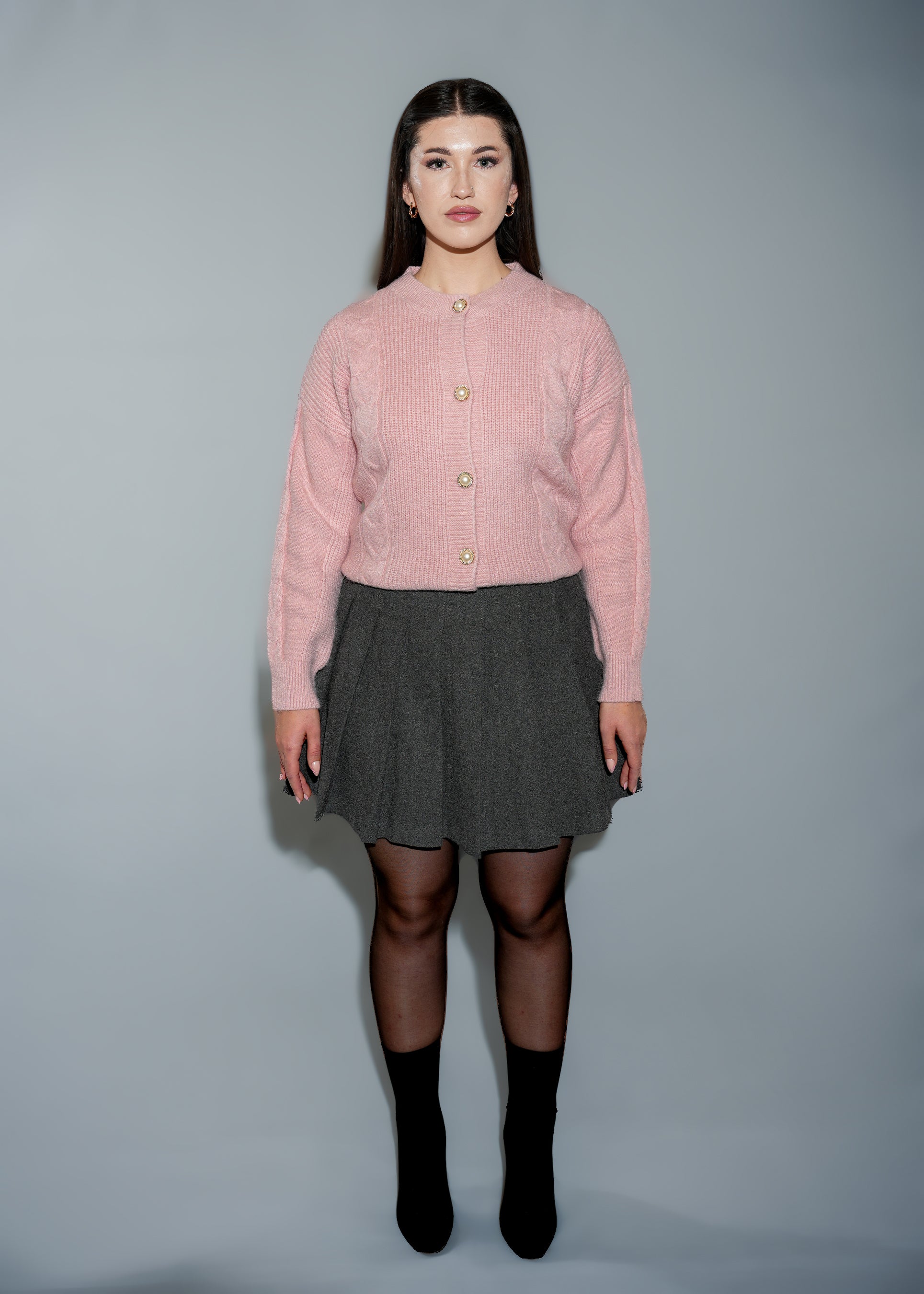 Women's Pink Cable Knit Cardigan - Pearl Button Crew Neck Sweater